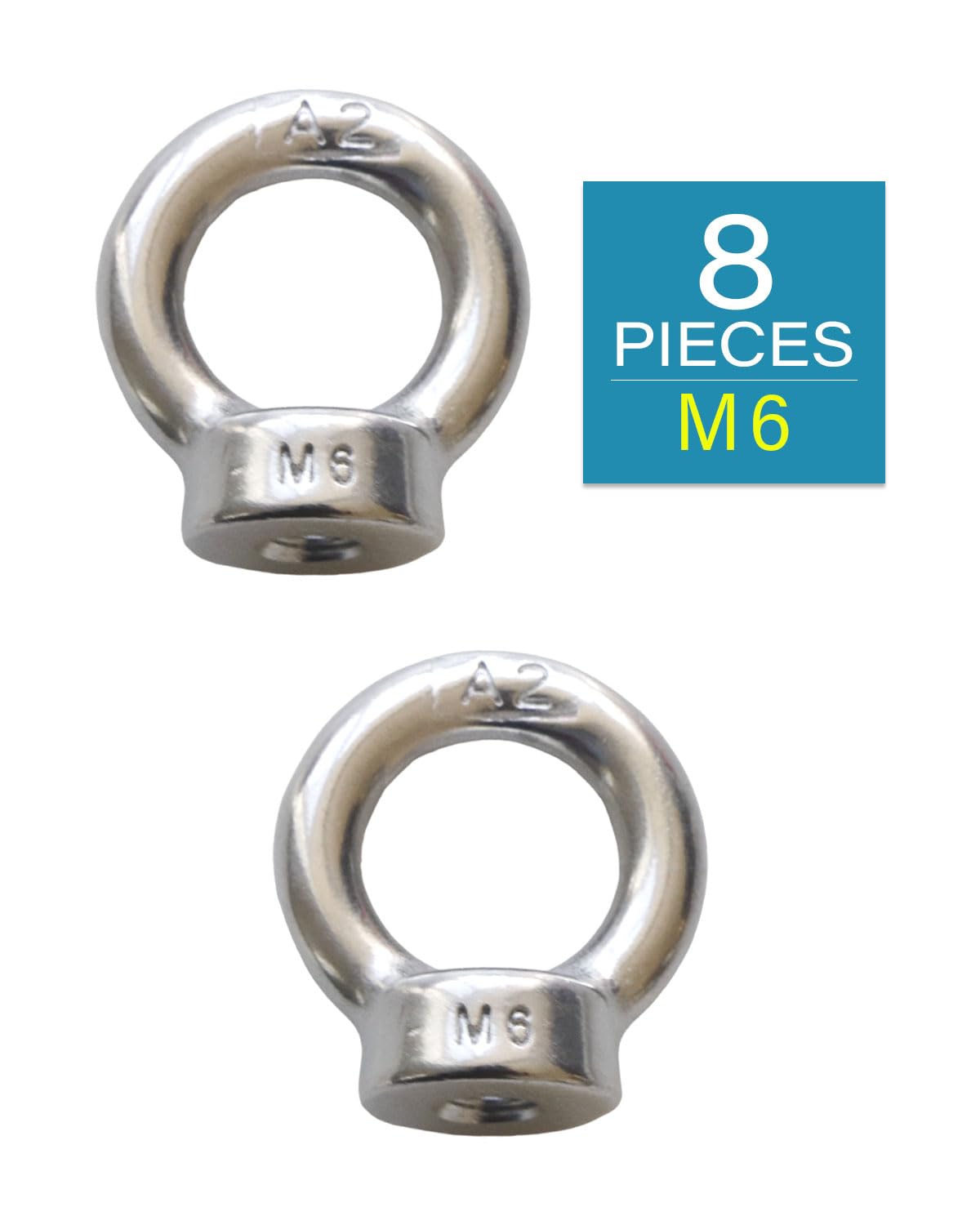 M6 Eye Nuts 304 Stainless Steel - Heavy Duty Eye Bolts for Lifting, Rigging & Hardware - Pack of 8 - Perfect for Home Repairs, Construction & Marine Applications