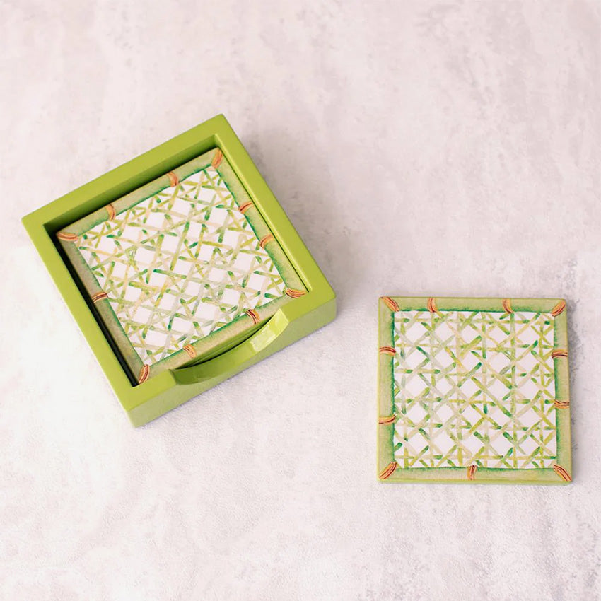 Caspari Set of 4 Trellis Green Lacquer Coasters - Elegant Drink Coasters for Home Bar, Coffee Table & Dining Table Protection