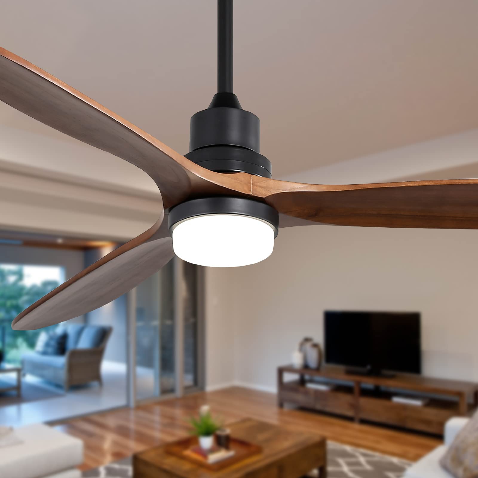 Sofucor 60 Inch Modern Ceiling Fan with Remote Control - Walnut Blades, Dimmable LED Light, Reversible DC Motor - Matte Black Wood Ceiling Fan for Kitchen, Bedroom, Living Room, Dining Room, Basement - Perfect for Home Cooling and Stylish Interior Lighting