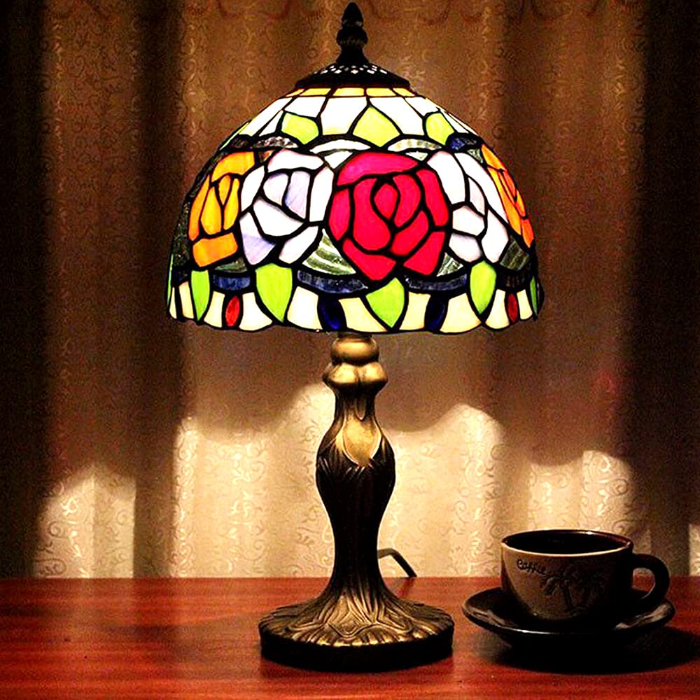 Tiffany Rose Stained Glass Table Lamp - 15 Inch Tall, 8 Inch Wide Shade, Antique Zinc Base with Bulb Included - Perfect for Living Room, Bedroom, Kitchen & Family Room Decor