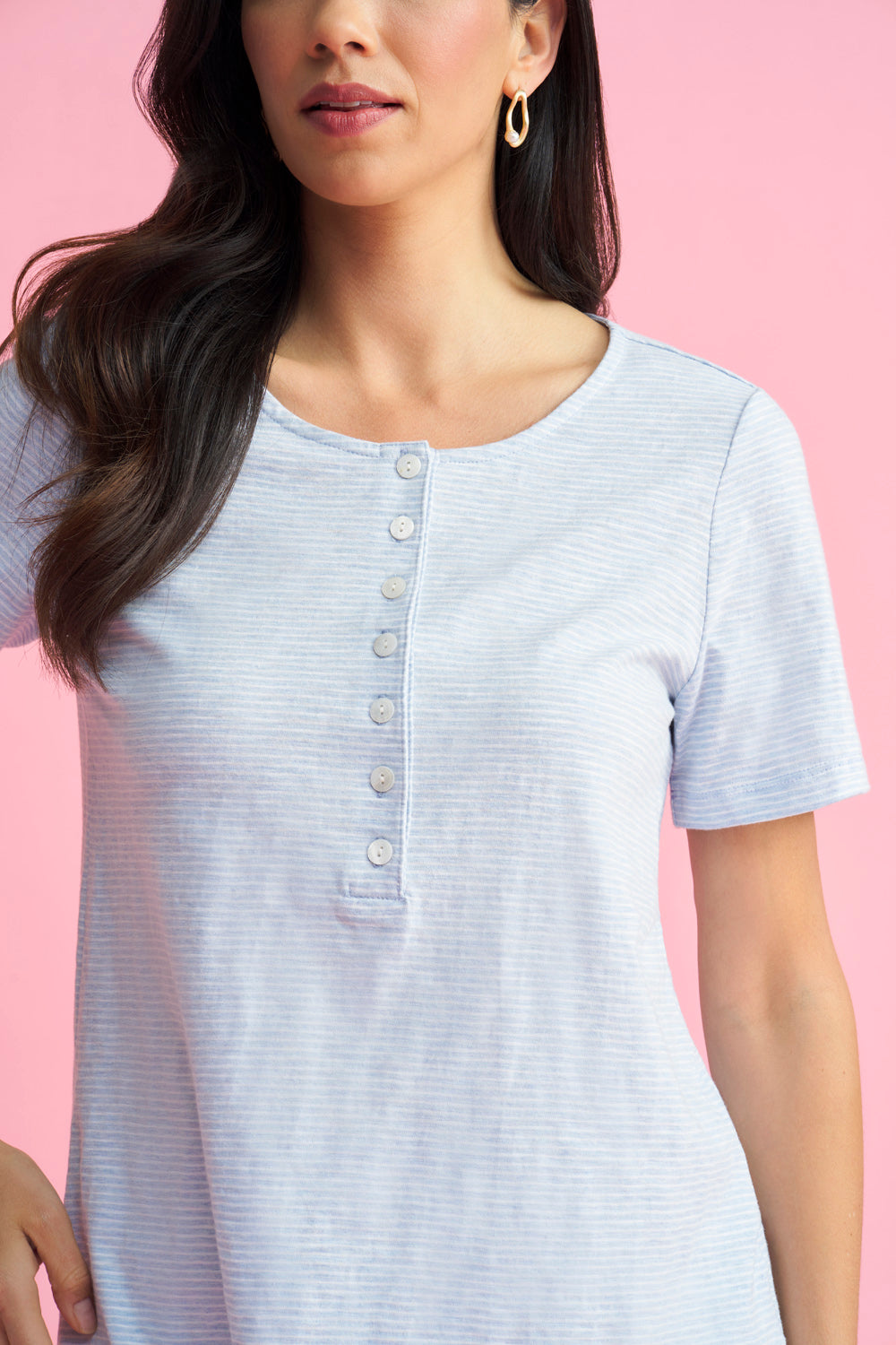 Men's Short Sleeve Henley Shirt - Aqua & White Striped Casual Button-Up Top for Summer, Beach, and Outdoor Activities