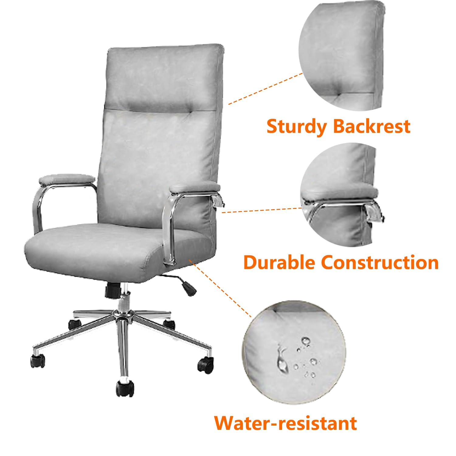Ergonomic Office Chair - Adjustable Height Swivel Computer Desk Chair with Wheels, High Back Executive Leather Chair with Lumbar Support (Grey) - Perfect for Home Office, Gaming & Workspaces