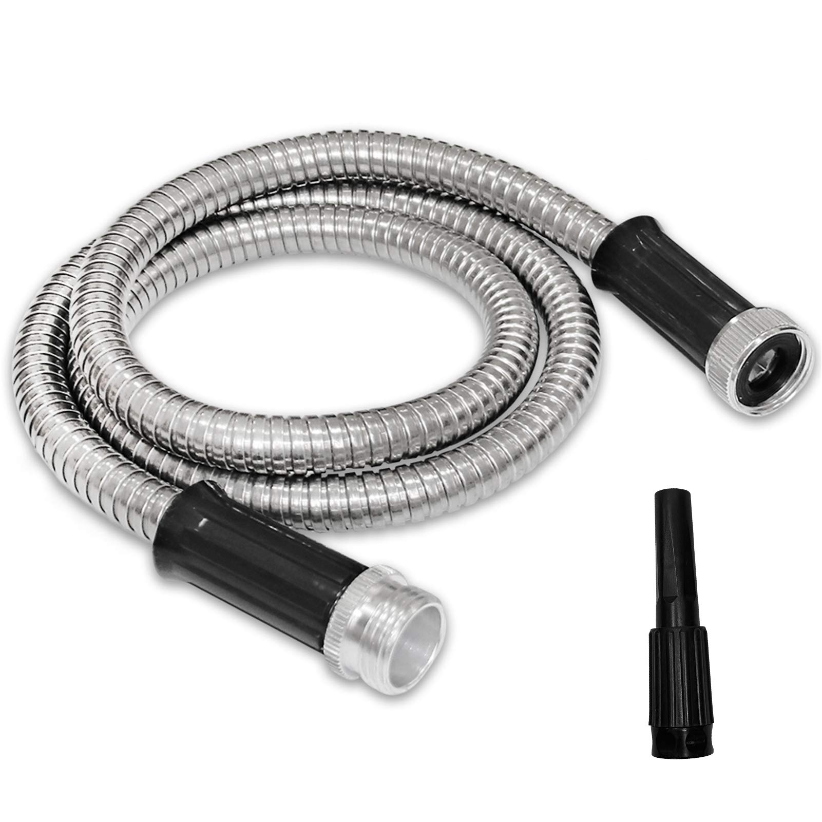 5FT Heavy Duty Stainless Steel Garden Hose - Adjustable Nozzle, Kink-Free & Durable Metal Water Hose for Outdoor Use - Perfect for Lawn Care, Car Washing & Gardening