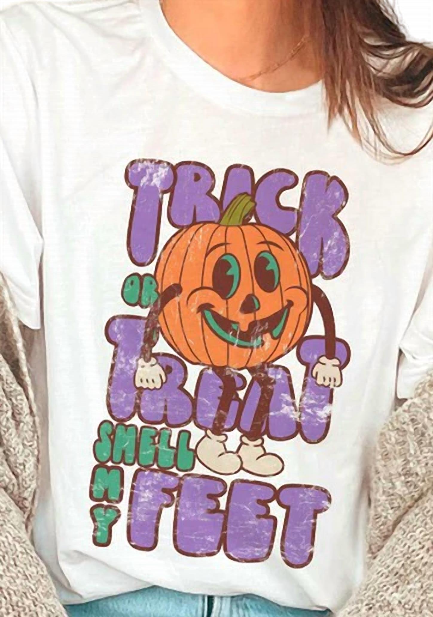 Funny Trick or Treat Smell My Feet Halloween Graphic Tee - White Cotton T-Shirt for Costume Parties & Spooky Celebrations
