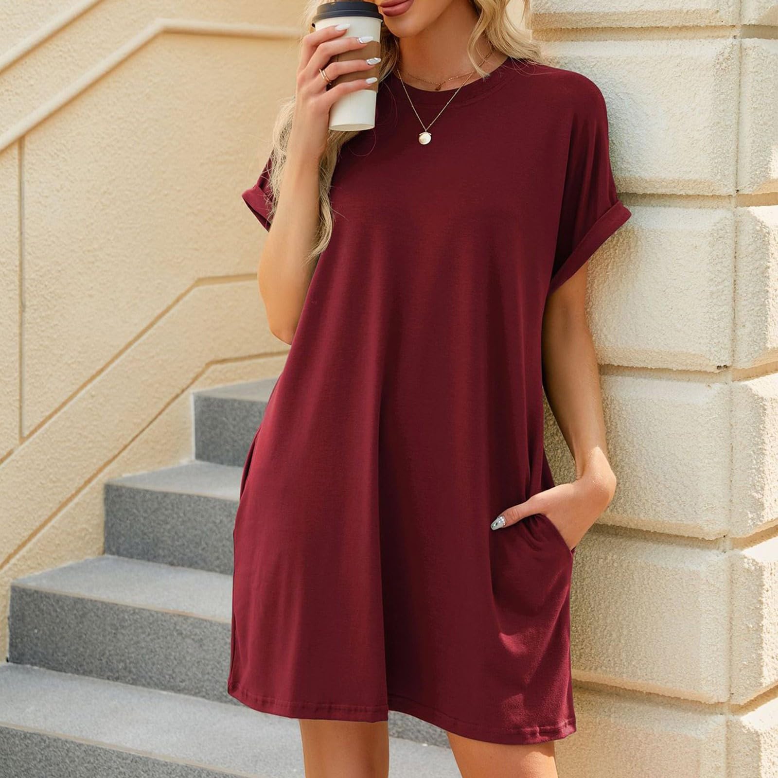 2025 Summer Dresses for Women - Solid Color Crewneck Short Sleeve T-Shirt Dress, Loose Fit Beach Vacation Mini Dress | Casual Outing, Pool Party, Summer Travel Essential