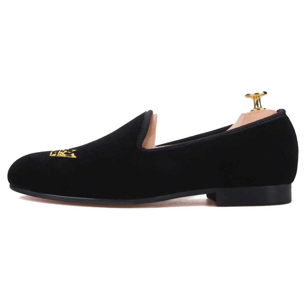 FERUCCI Men's Black Velvet Loafers Slippers with Gold Crown Embellishment - Comfortable House Shoes for Wedding, Prom, and Casual Wear
