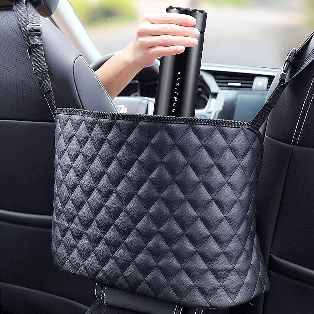 Premium Car Handbag & Wallet Holder - Leather Back Seat Storage Organizer with Child/Pet Barrier - Perfect for Handbags, Purses & Accessories Between Seats (Black) - Ideal for Road Trips, Family Travel & Daily Commute