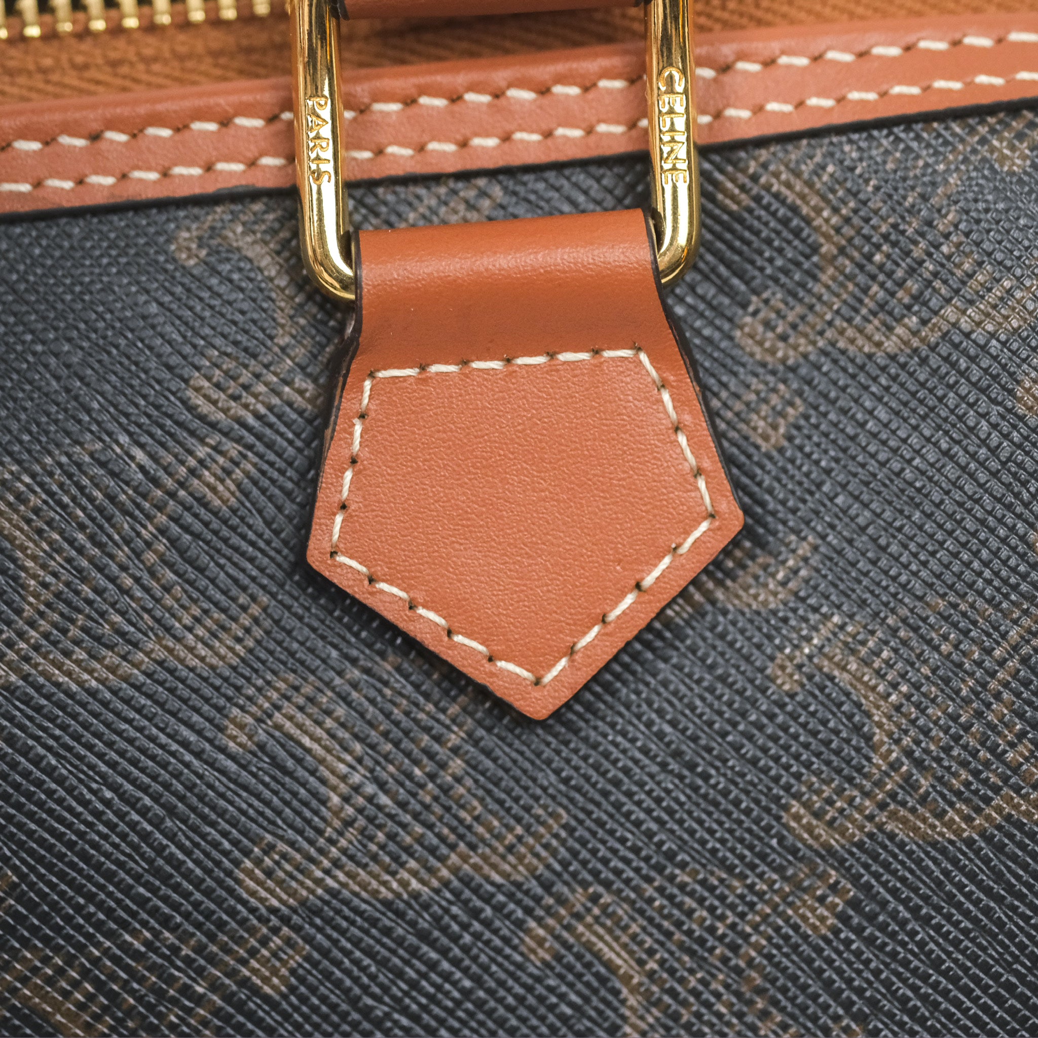 Celine Small Boston Bag Triomphe Canvas Tan Calfskin Leather Crossbody Purse for Women | Luxury Designer Handbag for Work, Travel & Everyday Use
