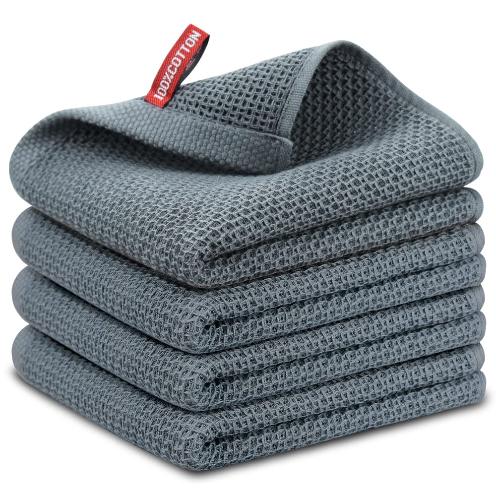 Nialnant 100% Cotton Waffle Weave Dish Towels - 4 Pack Super Absorbent & Quick Drying Kitchen Towels, 13x28 Inches Dark Gray - Perfect for Drying Dishes, Cleaning Countertops & Hand Drying