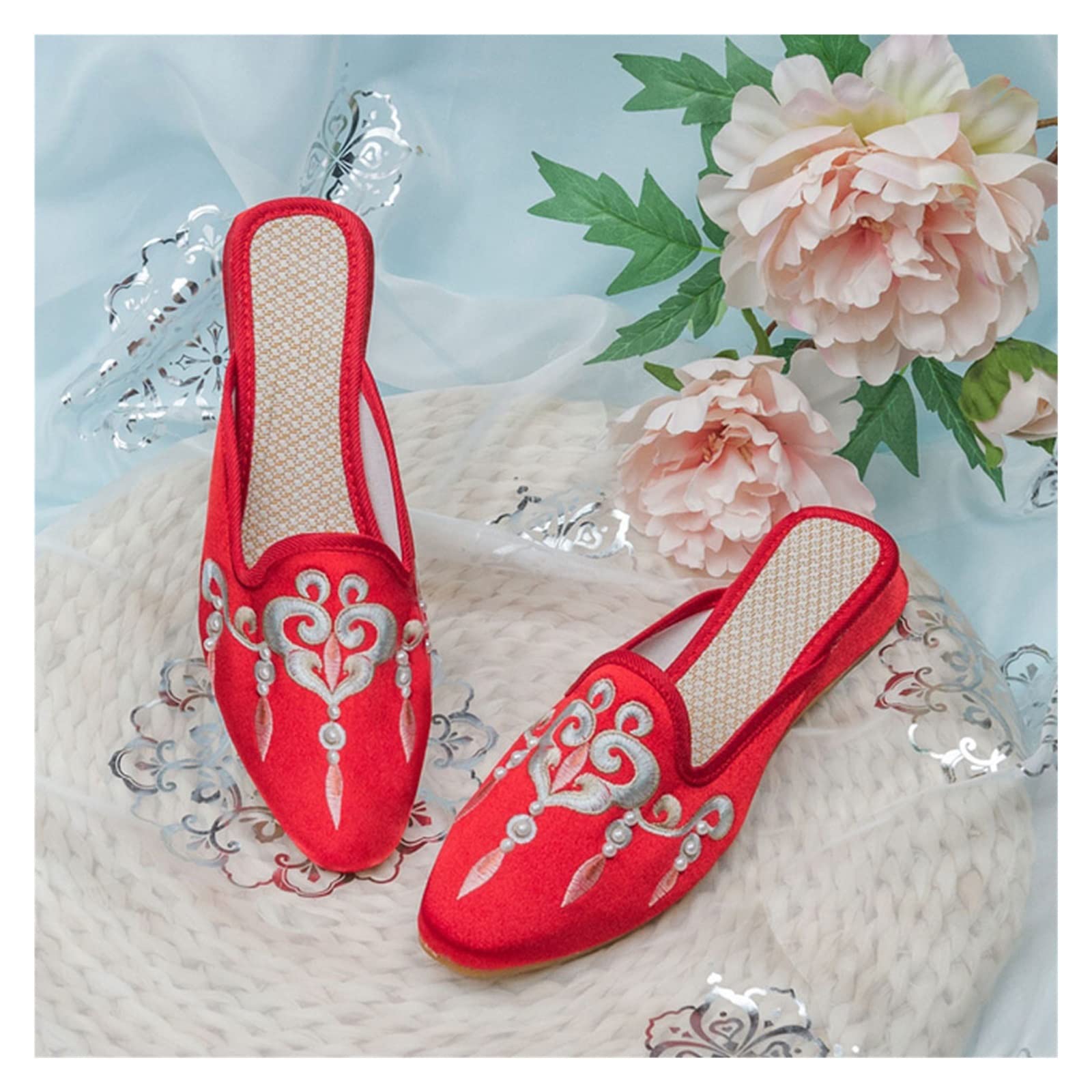 Beaded Embroidered Women's Pointed Toe Flats - Comfortable Slippers for Indoor & Outdoor Wear (Color A, Size 35) - Perfect for Home, Office, and Casual Outings
