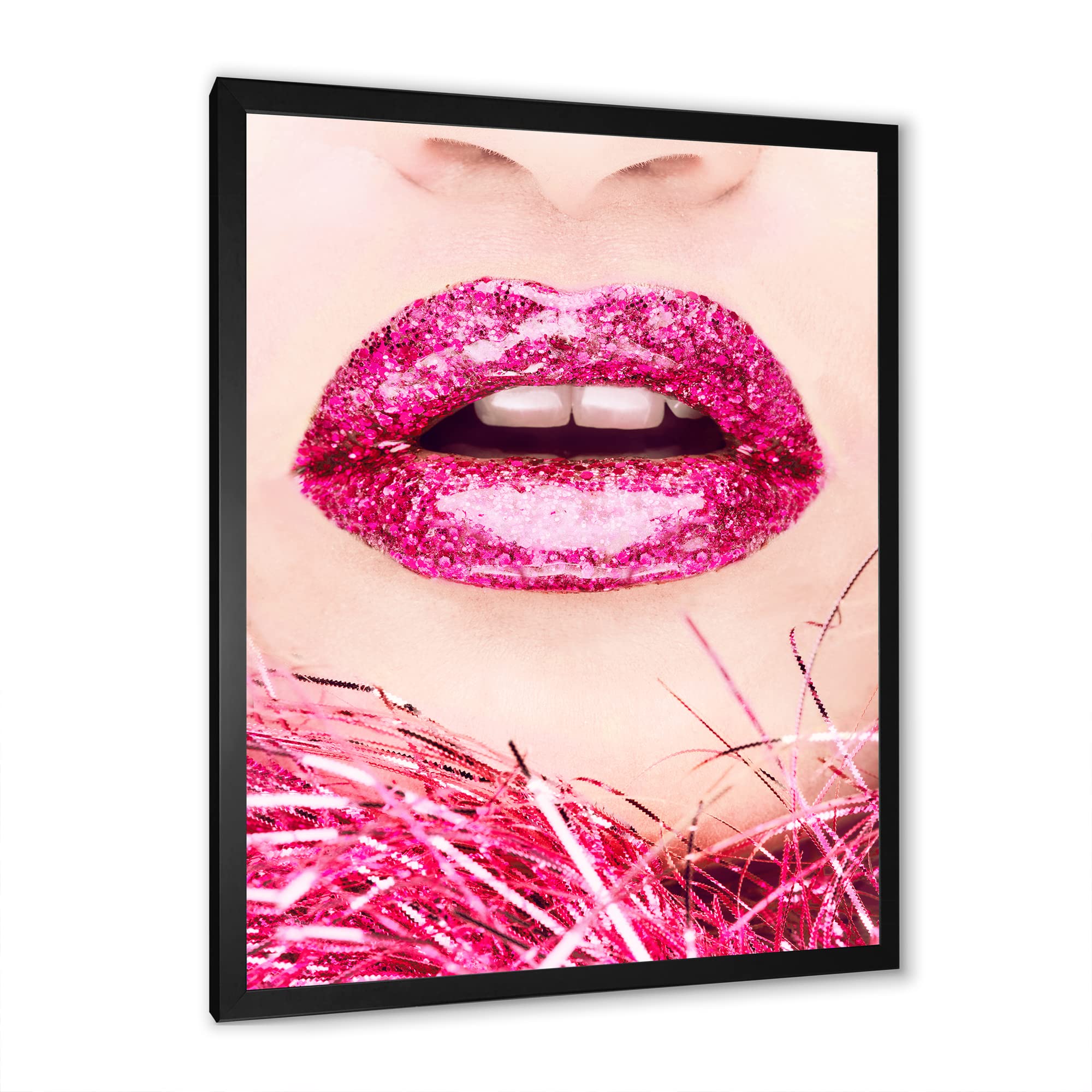 DesignQ Golden Woman Lips II Modern Framed Wall Art - Elegant Home Decor for Living Room, Bedroom & Office
