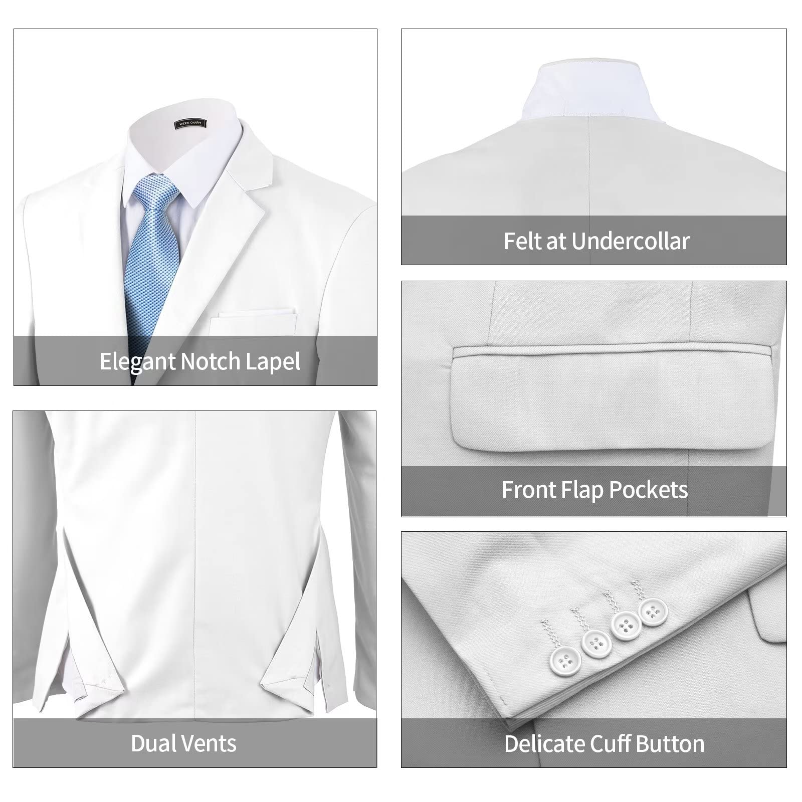 WEEN CHARM Men's Slim Fit 3-Piece Suit Set - 2 Button Blazer, Vest & Pants with Tie - Formal Tuxedo for Weddings, Business & Special Occasions
