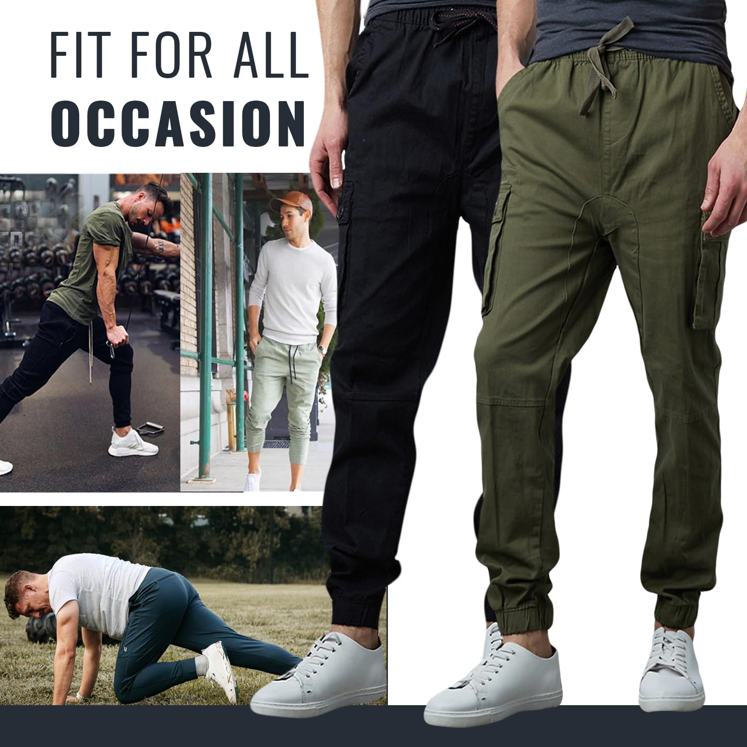 Men's Cotton Twill Cargo Joggers - Stretch Multi-Pocket Drawstring Pants for Casual Wear, Lounge & Outdoor Activities (2-Pack) | Perfect for Gym, Travel & Everyday Comfort
