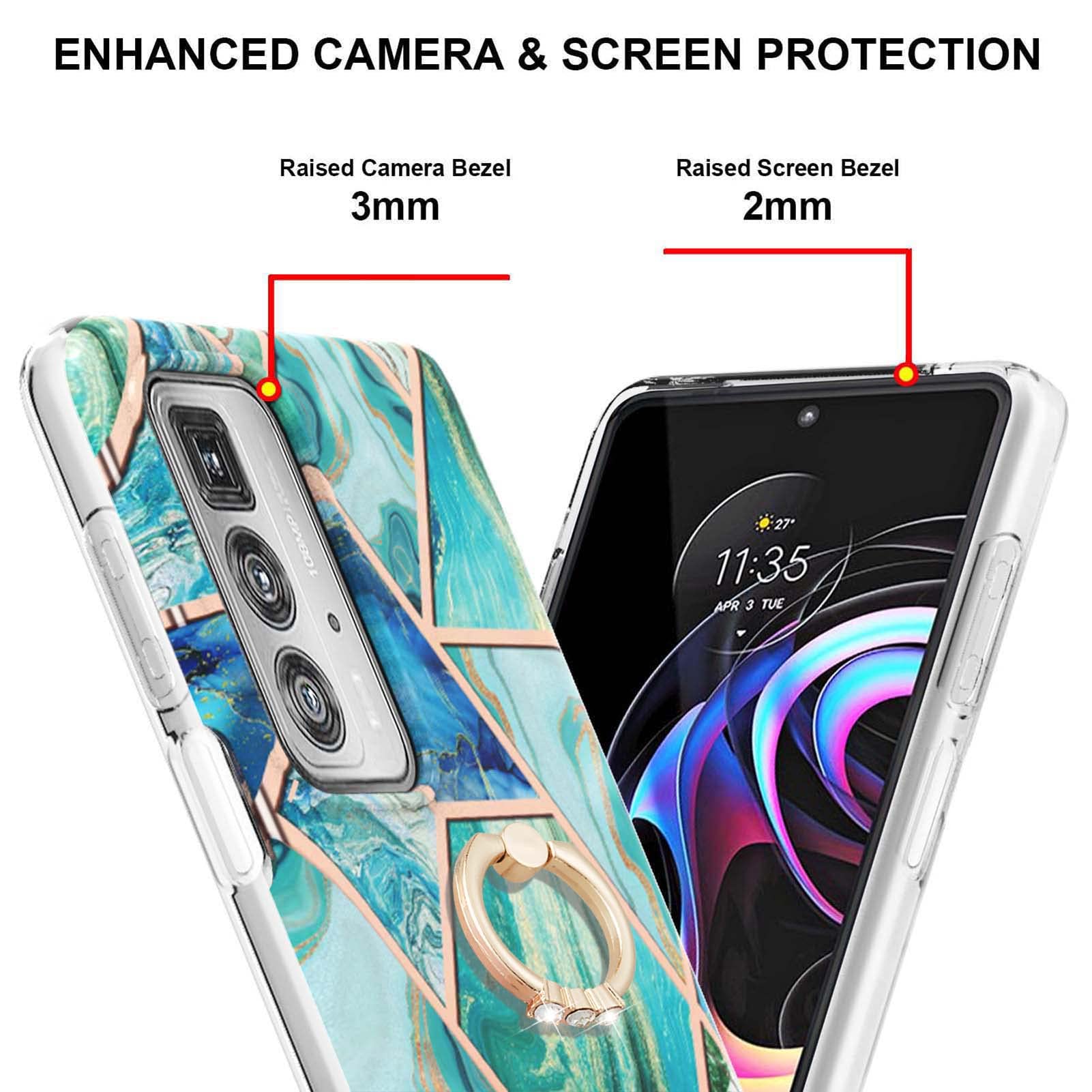 Stylish Shiny Marble TPU Slim Full-Body Protective Case with 360° Rotating Ring Kickstand for Motorola Edge 20 Pro - Green | Shockproof Phone Cover for Daily Use, Travel & Outdoor Activities
