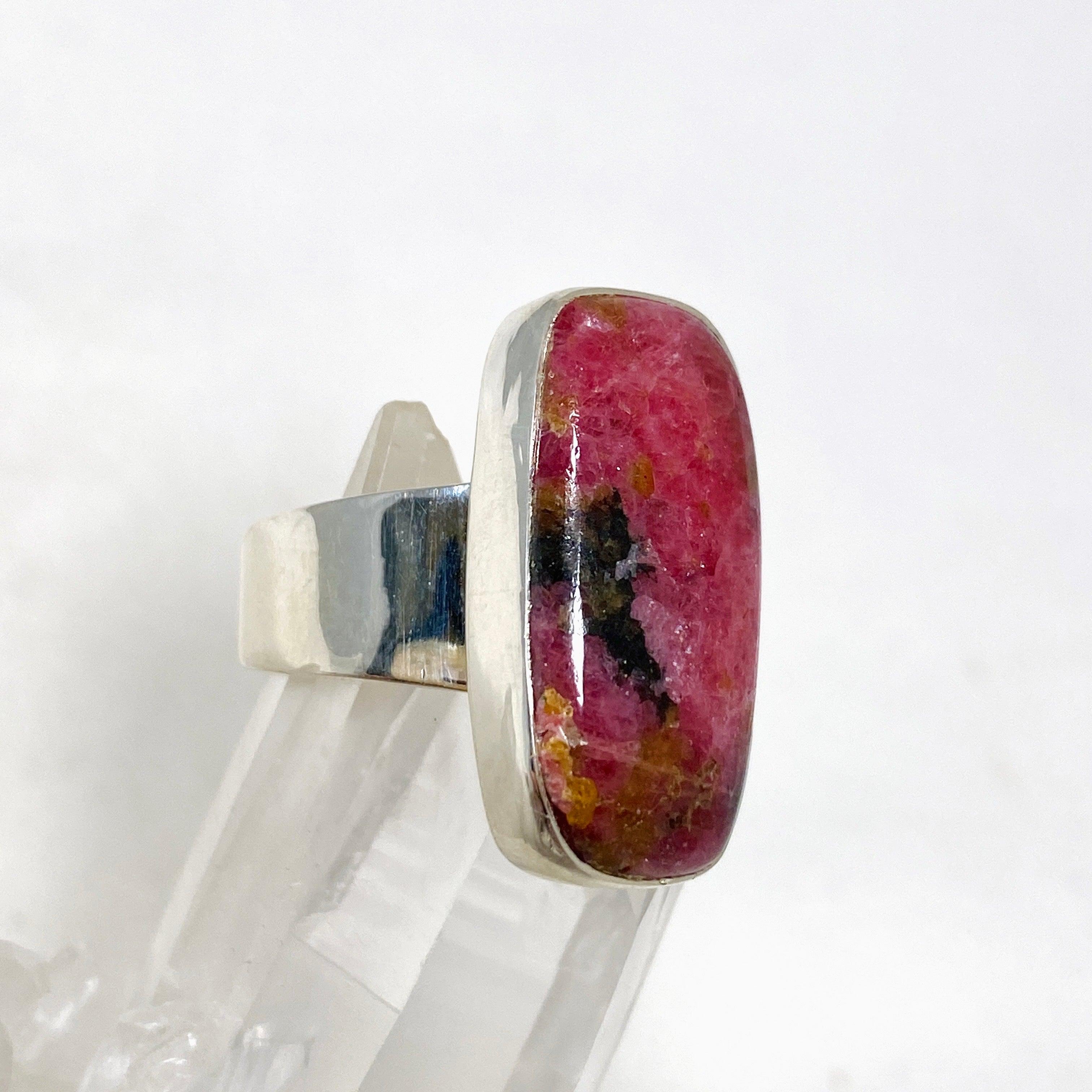 Natural Rhodonite Gemstone Rectangle Ring - Size 7 for Women, KRGJ3210 | Healing Crystal Jewelry for Stress Relief & Emotional Balance | Perfect for Meditation, Yoga & Spiritual Practices