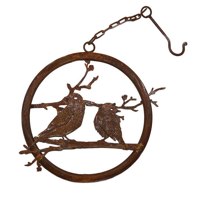 W4274 Bluebird and Warbler Branch Ring with Hook - Rustic Garden Art Decor for Outdoor Wall Hanging, Patio, Yard & Bird Lover Gifts