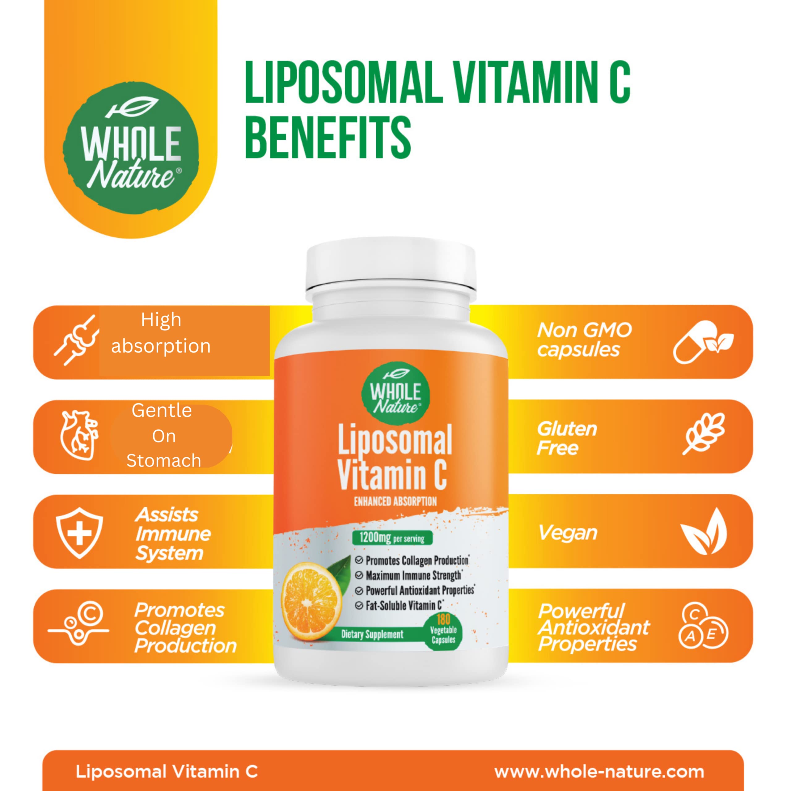 Liposomal Vitamin C 1200mg Supplement - 180 Vegan Capsules for High Absorption | Fat Soluble Vitamin C with Sunflower Lecithin | Maximum Strength Immune Support & Collagen Booster | Ideal for Daily Wellness & Skin Health