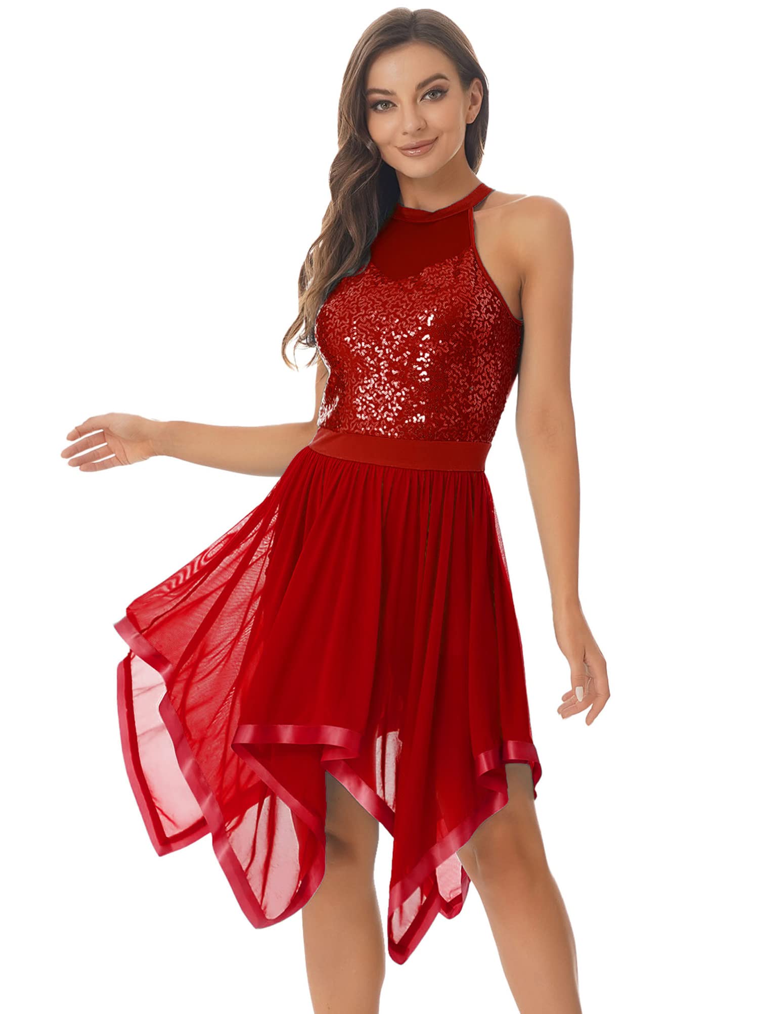 Aislor Women's Asymmetrical Mesh Dance Dress - Lyrical Performance Costume for Stage Shows & Competitions