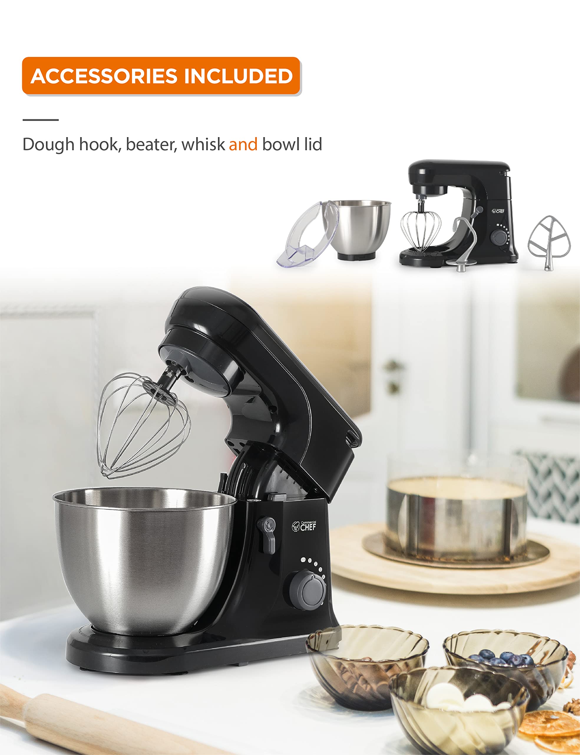 Commercial Chef 4.7QT Electric Stand Mixer - 7-Speed Heavy Duty Kitchen Mixer for Baking, Dough Kneading & Cooking - Perfect for Home Bakers & Professional Chefs