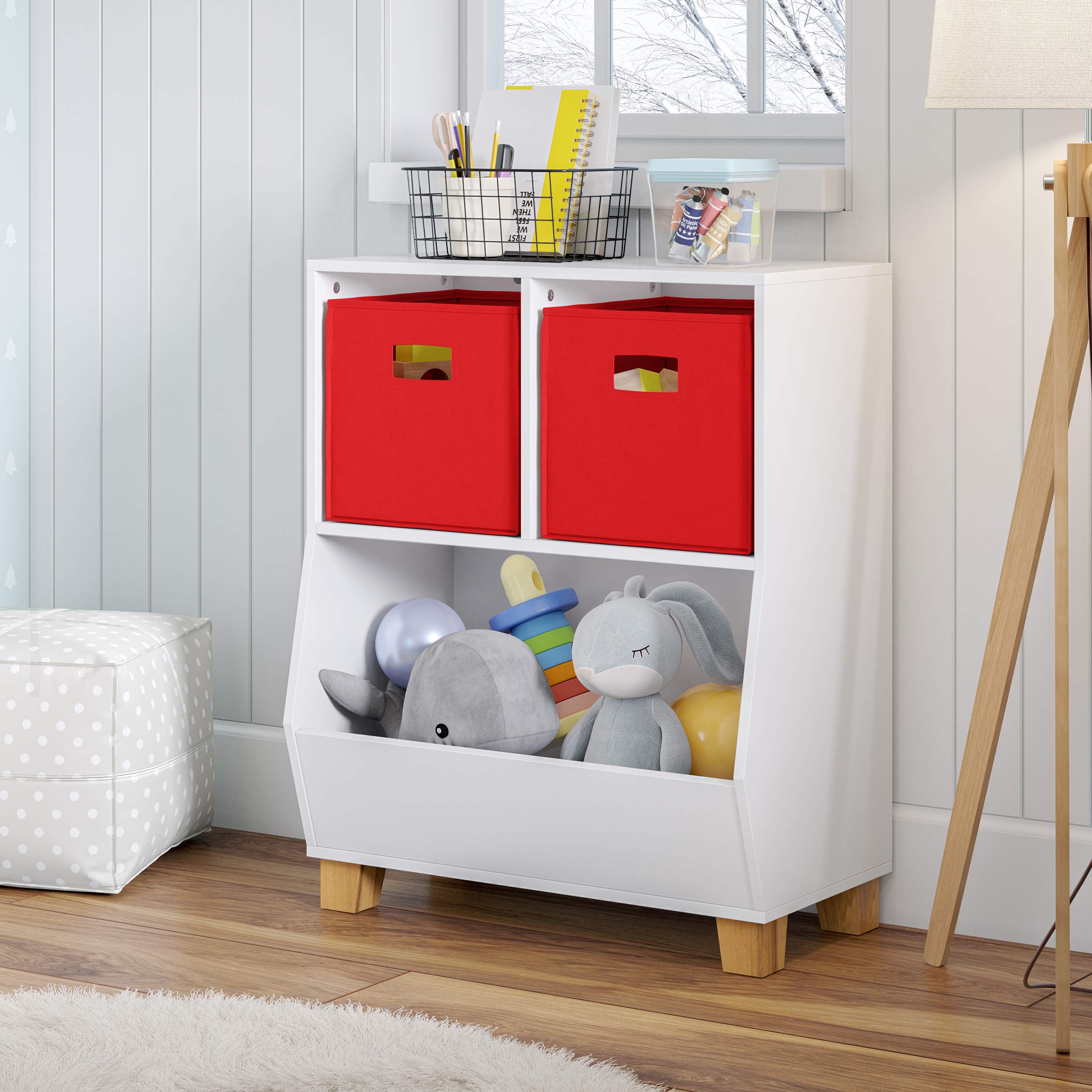 RiverRidge Kids Bookshelf Toy Storage Organizer - White Playroom Organizer with 2 Cubbies & 2 Folding Red Fabric Bins - Spacious Toy Bin for Nursery, Classroom, or Kids Bedroom Organization
