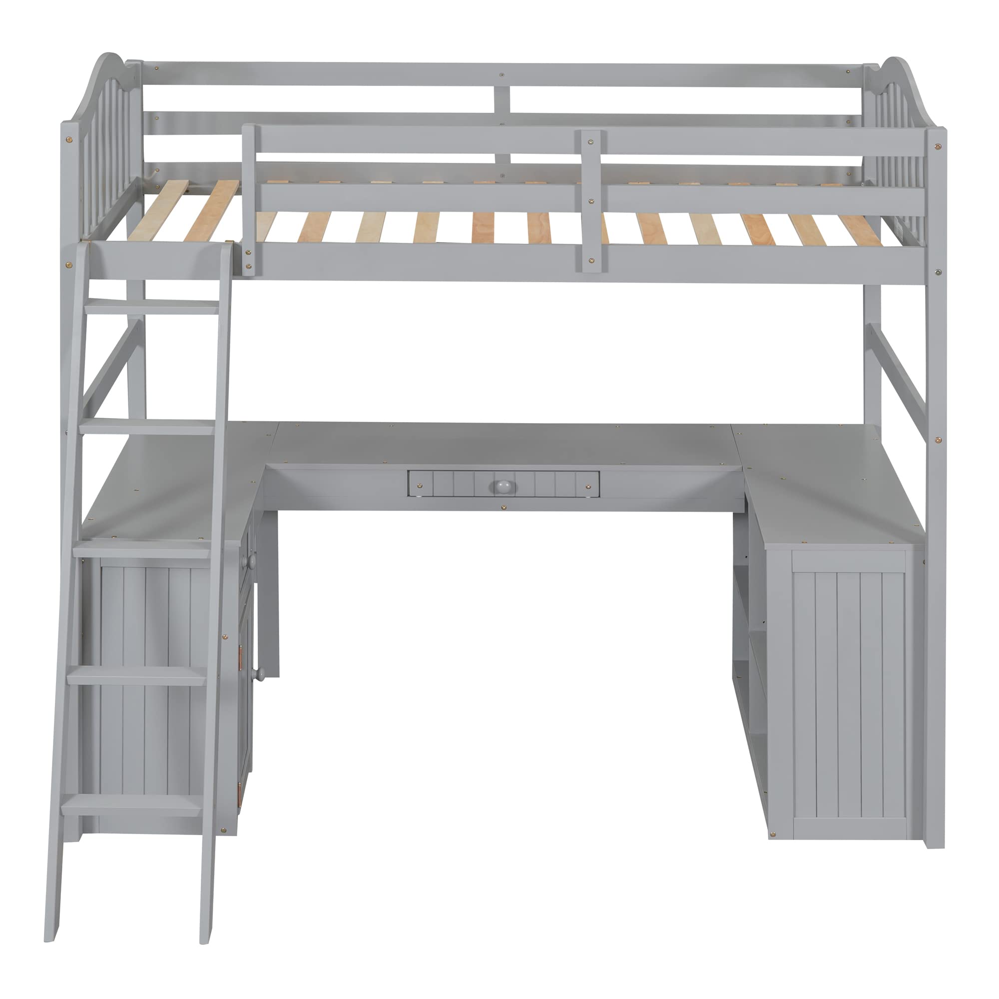 Twin Loft Bed with Desk, Drawer & Cabinet - Sturdy Wood Loft Bed with Bookcase Shelves for Kids, Teens & Adults - Space-Saving Dorm Furniture for Small Rooms (Gray) - Perfect for Bedrooms, Apartments & College Dorms
