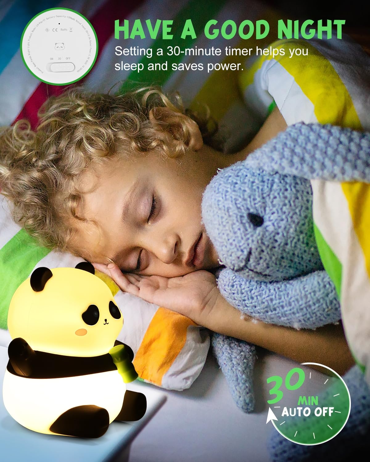 Emmanoth Cute Panda Night Light for Kids - LED Squishy Panda Lamp with 30-Min Timer, Dimmable Rechargeable Silicone Nightlight for Baby Nursery & Bedroom | Perfect for Bedside, Kids Room Decor & Sleep Aid