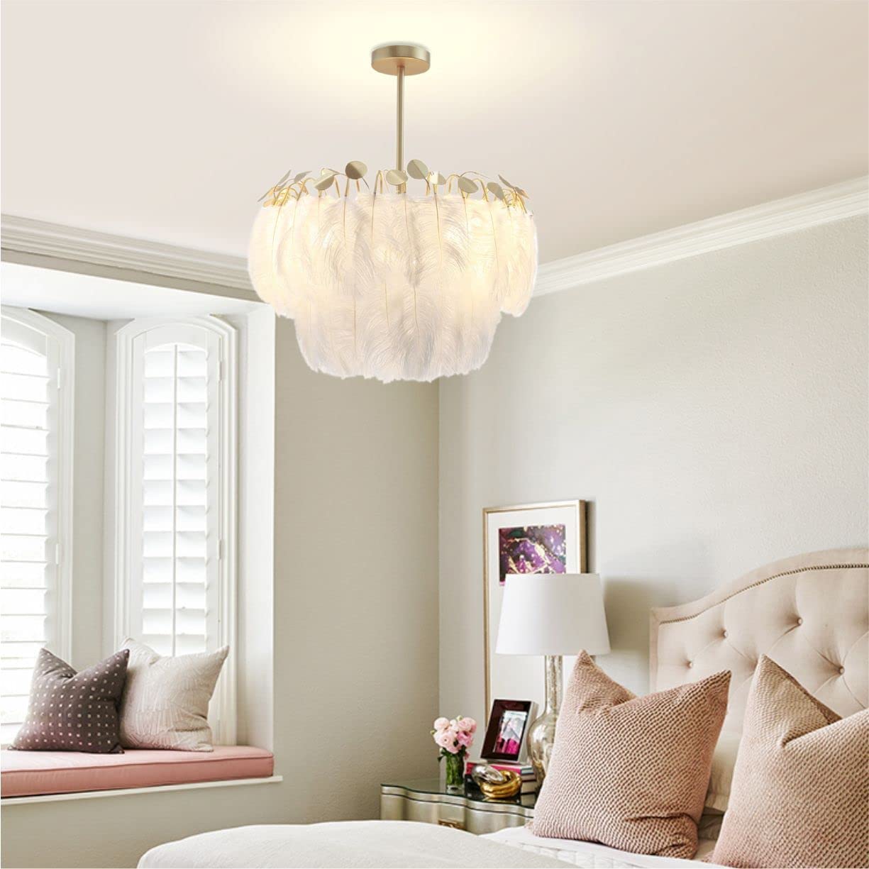 Modern Nordic Feather Pendant Light - Elegant Feather Chandelier for Bedroom, Dining Room & Girls Room | BOKT Large Feather Hanging Lamp for Romantic Home Decor & Ceiling Lighting