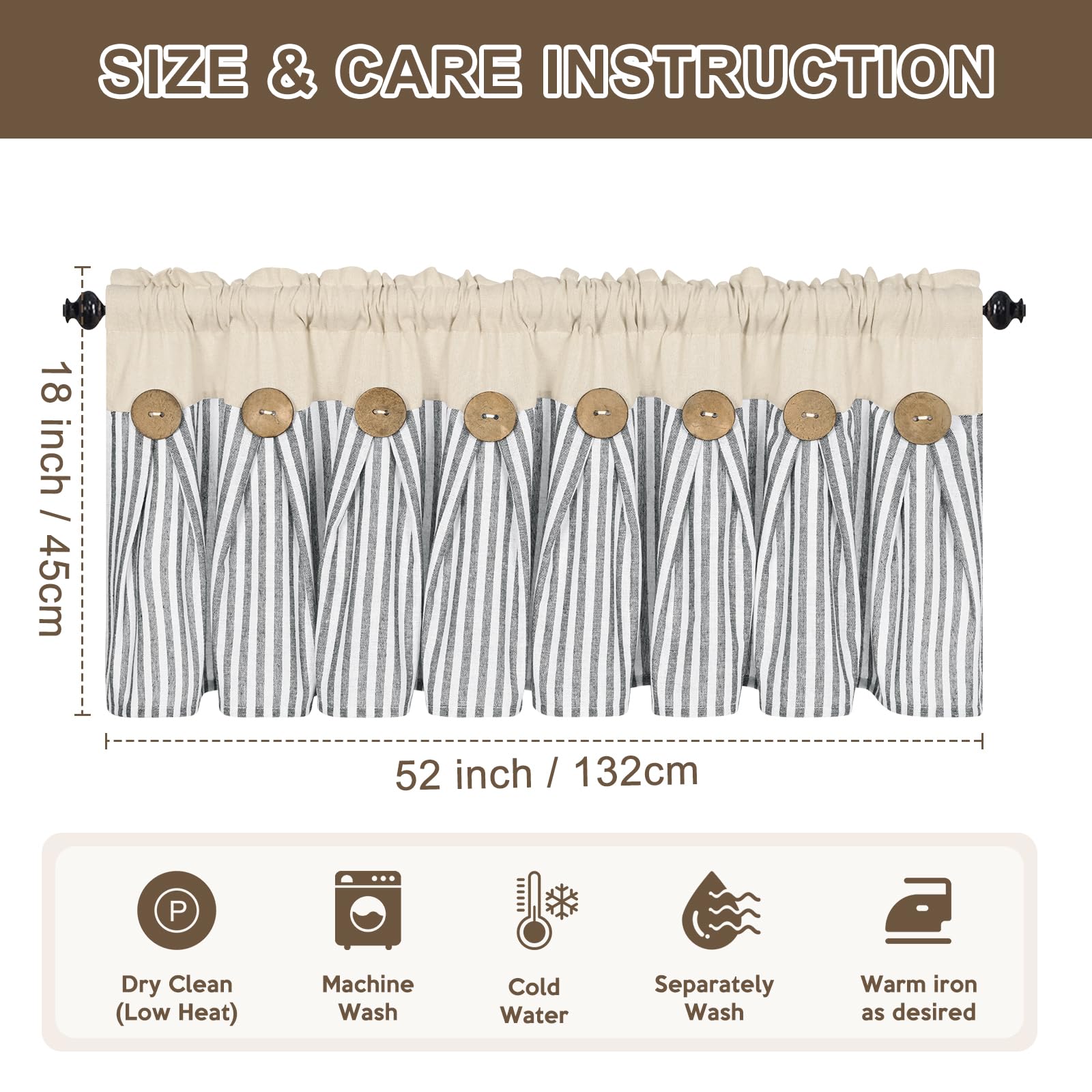 ASPMIZ Cotton Linen Kitchen Valance Curtains - 52 x 18 Inch Boho Rustic Window Valance with Button Detail, Grey Stripe Farmhouse Style for RV Bathroom & Cafe Decor | Perfect for Kitchen, Living Room & Bedroom Windows