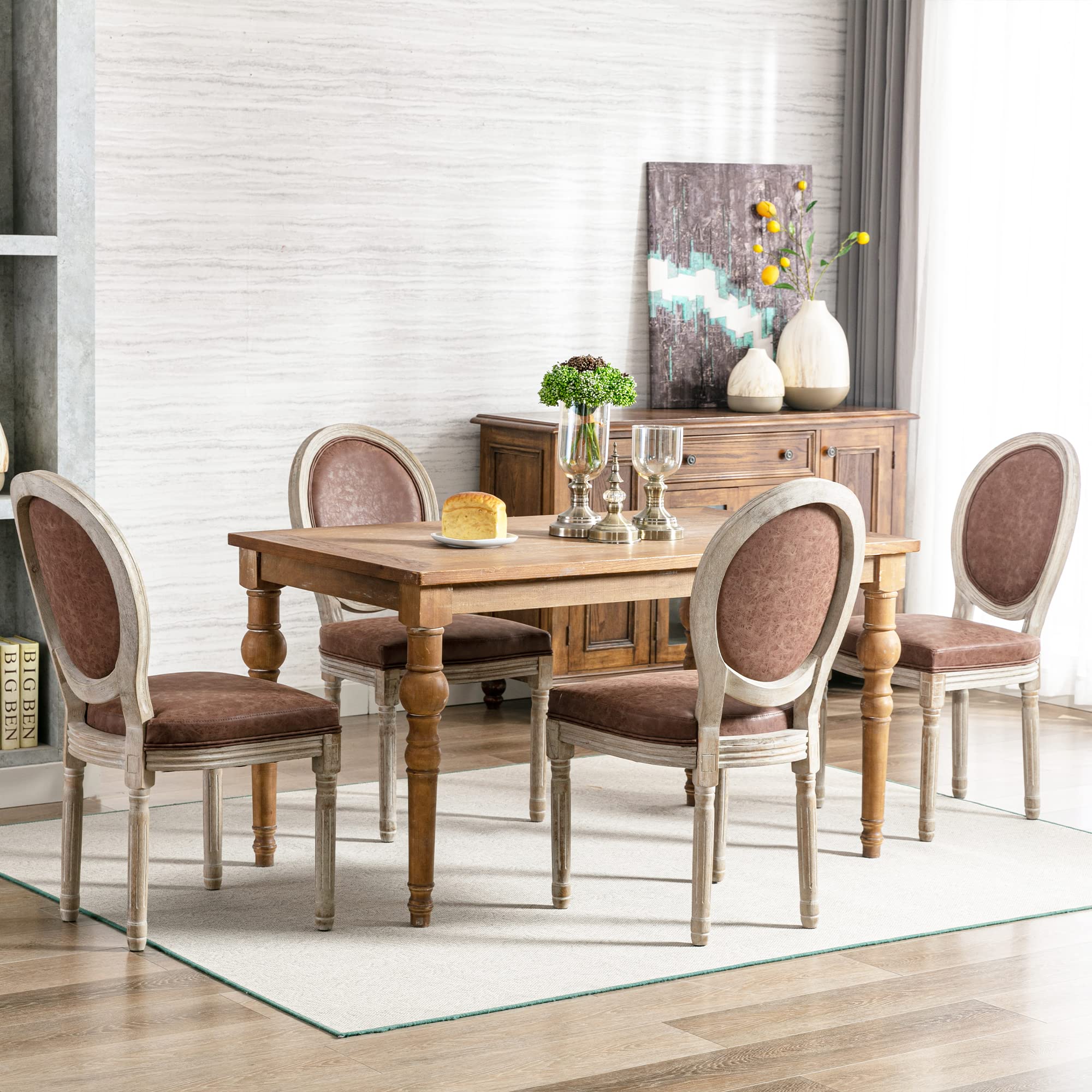Farmhouse Style Leather Dining Chairs Set of 4 - French Country Round Back Bistro Chairs with Wooden Legs for Dining Room, Kitchen, Living Room or Restaurant - Brown Leather Seats for Home Decor & Commercial Use