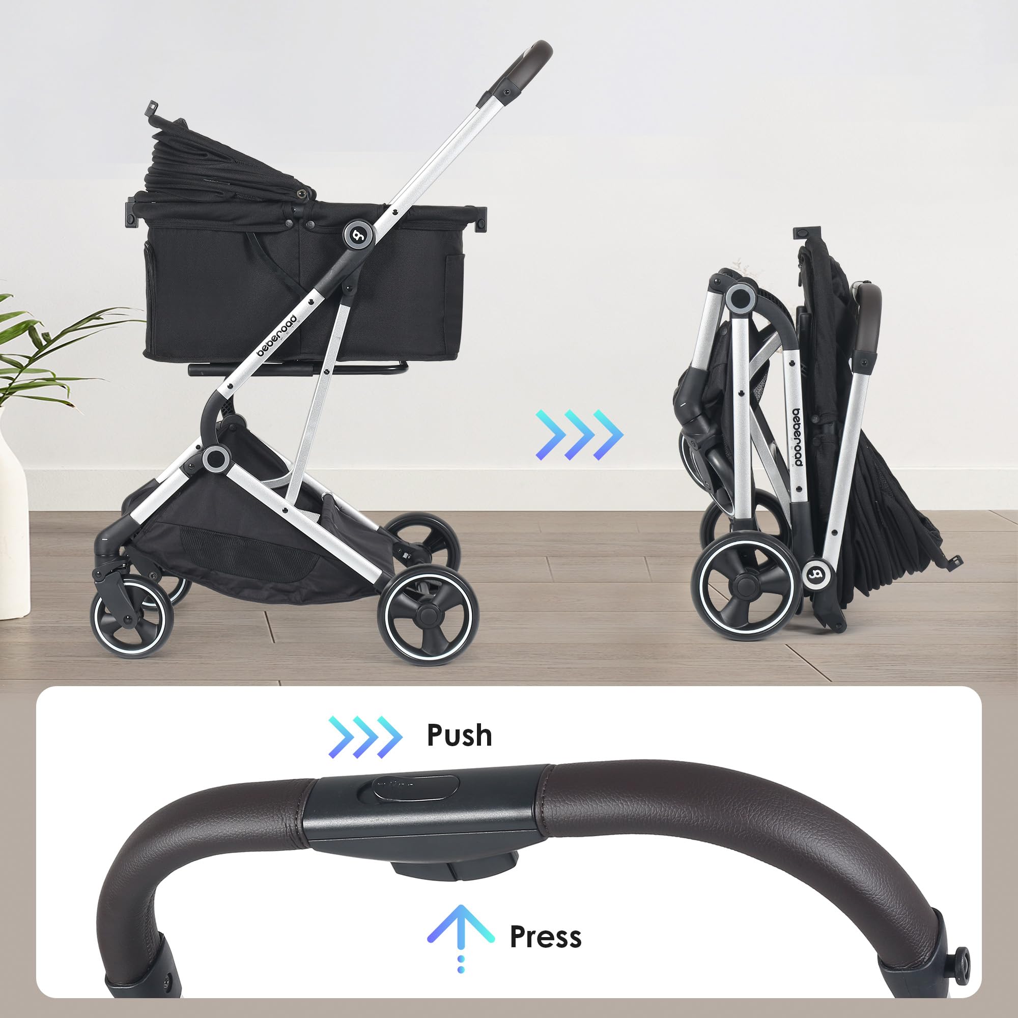 Premium T4 Pet Stroller for Small & Medium Dogs & Cats - 4 Wheel Foldable Travel Carrier with Removable Pad, Canopy & Cup Holder (Black) - Perfect for Vet Visits, Outdoor Walks & Shopping Trips