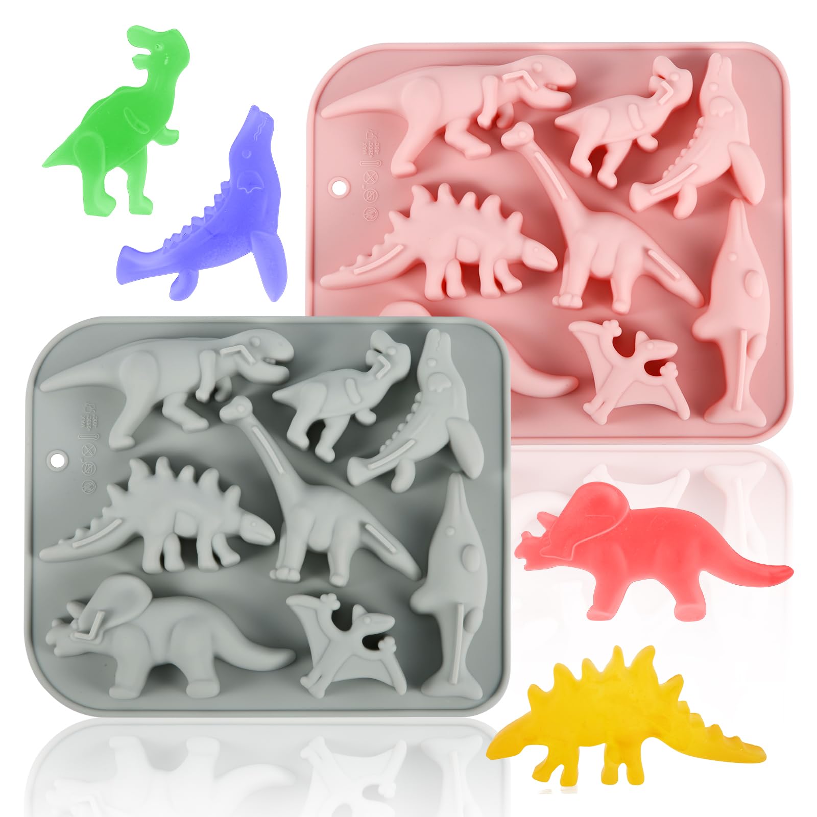 2-Pack Dinosaur Silicone Molds for Baking - 8-Cavity 3D T-Rex & Stegosaurus Cake, Chocolate, Candy, Gummy, Jello, Soap, Wax Crayon DIY Molds - Perfect for Kids Birthday Parties, Halloween Treats & Craft Projects