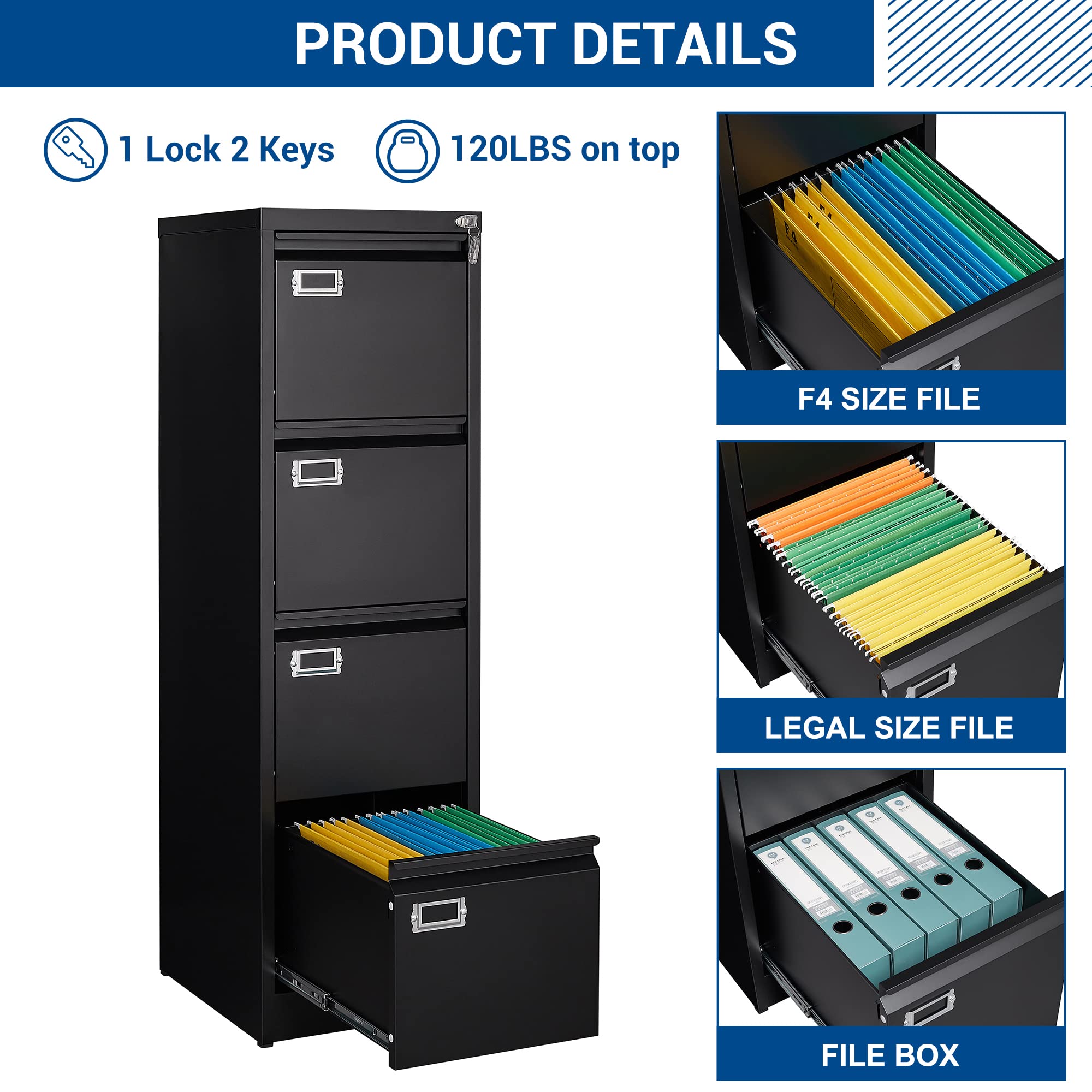 4-Drawer Metal File Cabinet - Lockable Storage for Home & Office - Organize Letter/Legal/A4 Files