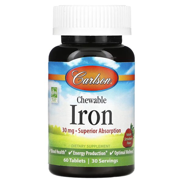 Carlson Labs Kids Chewable Iron Supplement - 15mg per Serving, Strawberry Flavor, 60 Tablets - Supports Healthy Energy & Immune System for Children - Perfect for Picky Eaters & Active Kids