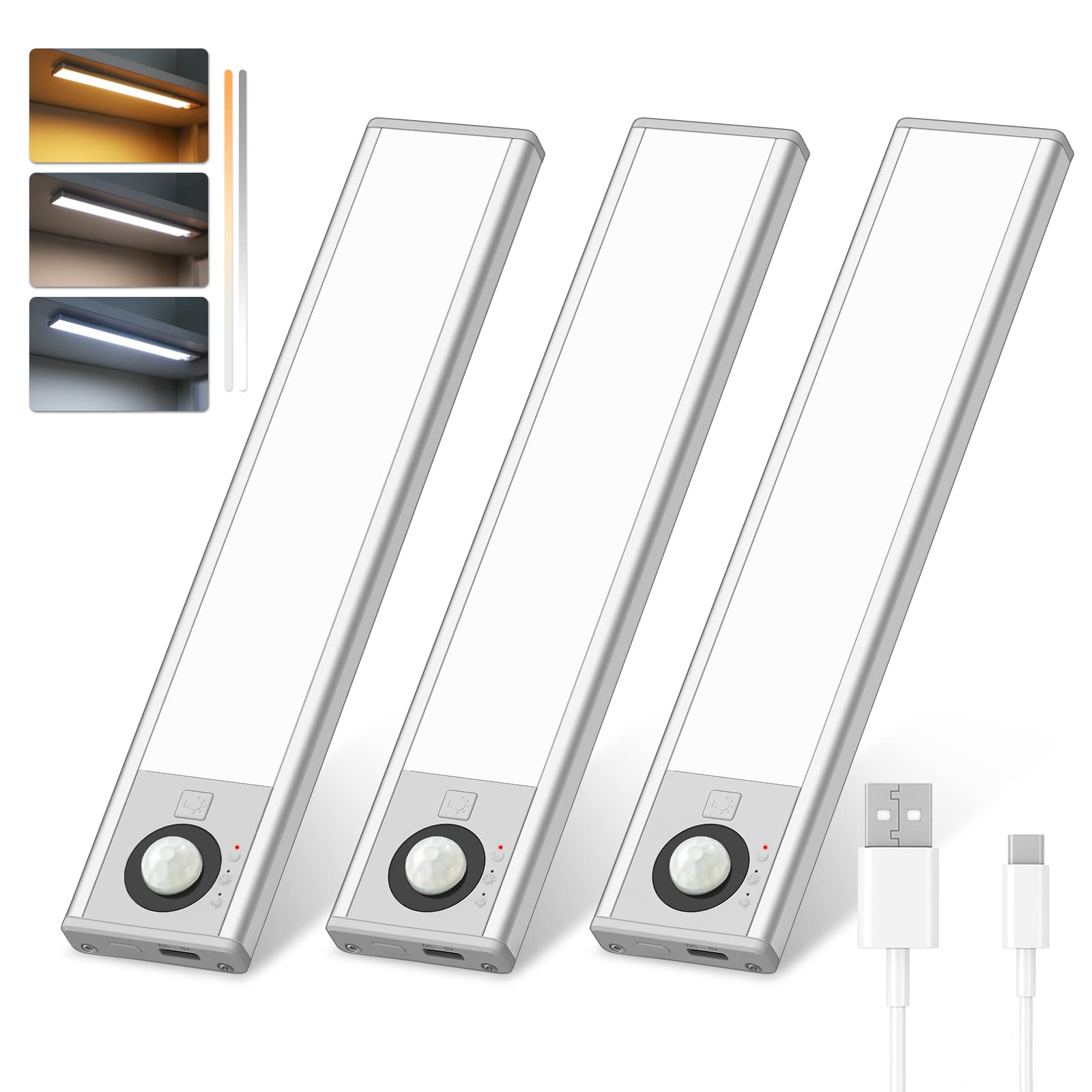 LED Motion Sensor Cabinet Lights Wireless - 1500mAh Rechargeable Under Counter Lighting for Kitchen, Wardrobe & Cupboard (3 Pack) - Battery Powered, Automatic Activation for Home, Closet & Cabinet Lighting - Perfect for Nighttime Navigation, Pantry Organization & Dark Space Illumination