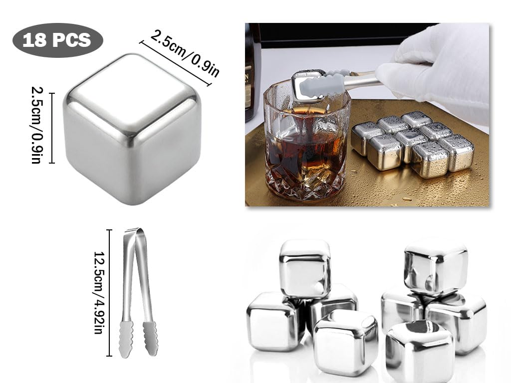 18PCS Stainless Steel Whiskey Ice Cubes Set - Reusable Metal Cooling Stones with Non-Slip Ice Tongs & Black Velvet Bags - Perfect for Whisky, Vodka, Wine, Cocktails, Juice and Soda - Ideal for Home Bars, Parties and Gifts