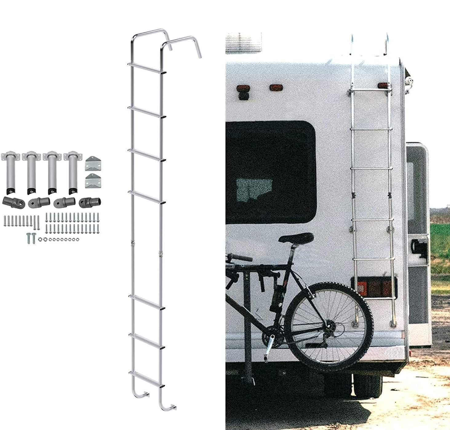 ECOTRIC Universal RV Ladder 8.4FT - Aluminum Silver 7-Step Straight Ladder for Travel Trailers & Motorhomes - Perfect for Roof Access, Storage & Outdoor Adventures