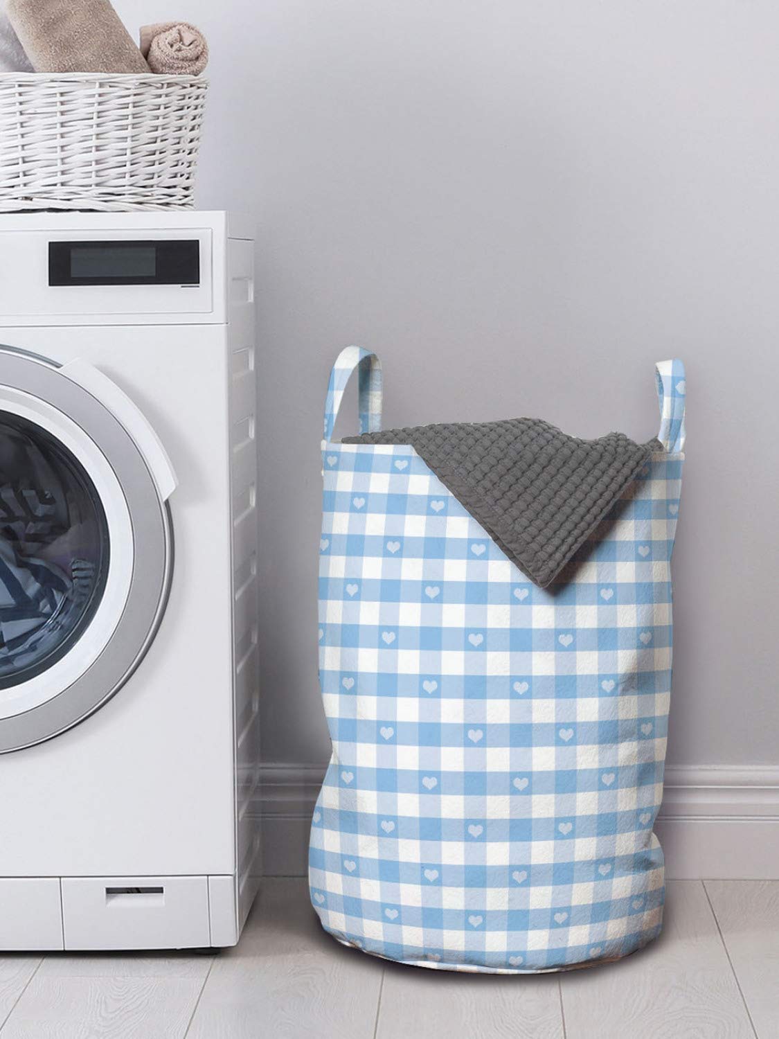 Ambesonne Checkered Laundry Bag with Gingham Hearts Pattern - Pastel Blue & White Hamper with Drawstring Closure & Handles (13