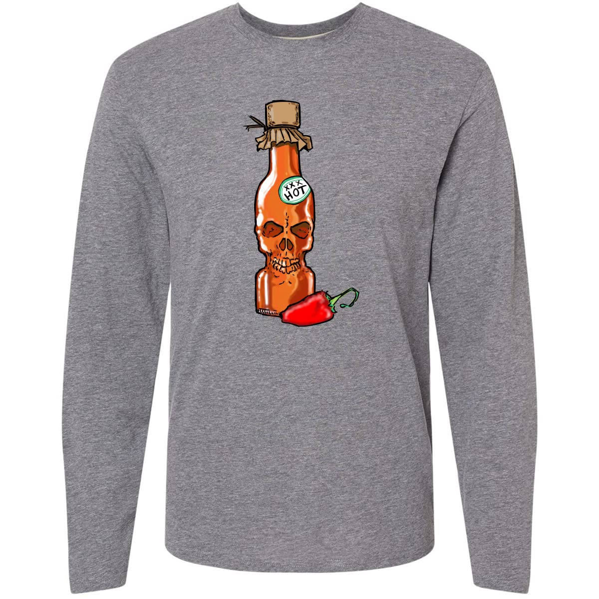 Inktastic Hot Sauce Skull Bottle with Pepper Graphic Adult Long Sleeve T-Shirt - Perfect for Halloween, Casual Wear & Gift Giving
