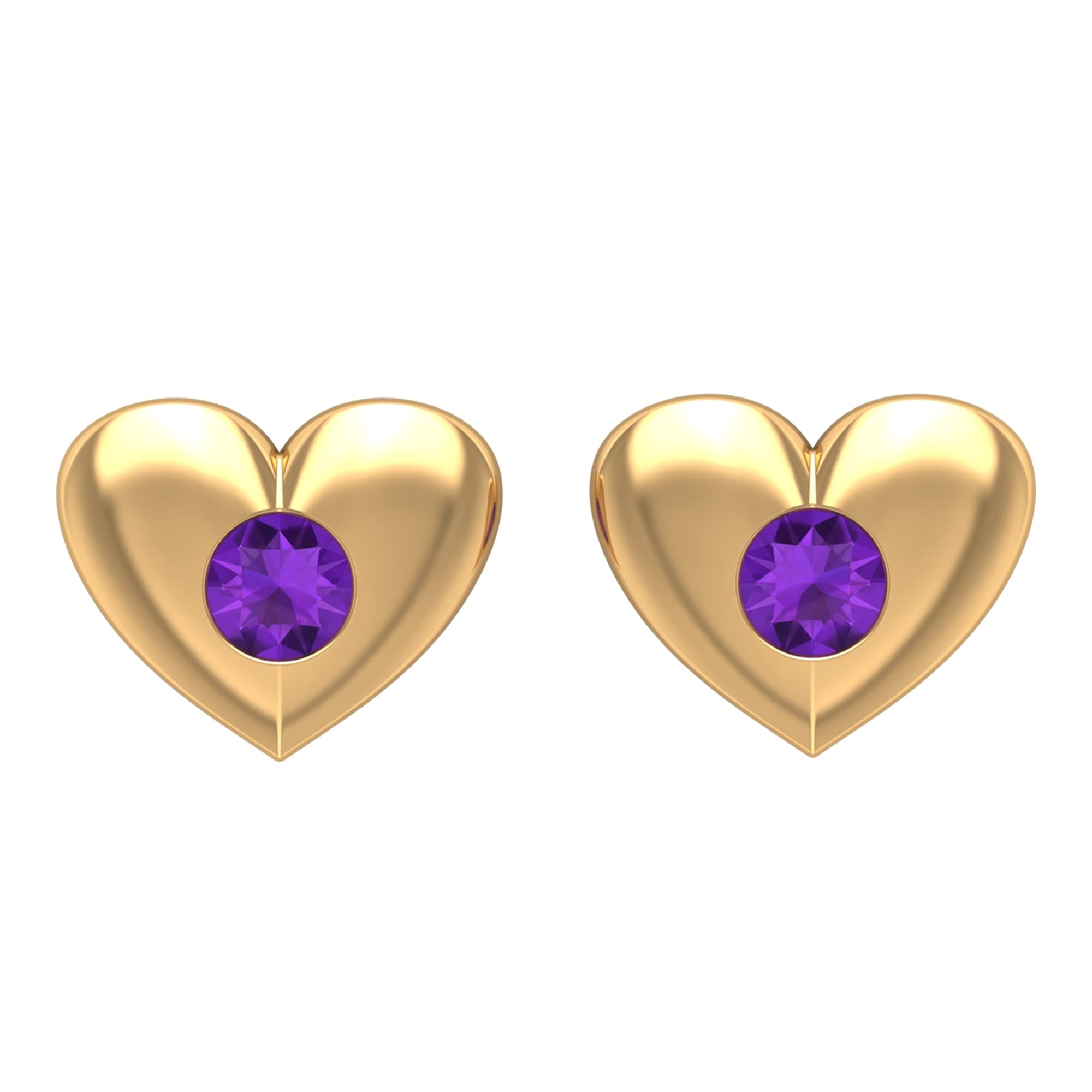 14K Solid Gold Amethyst Stud Earrings - Round Shape February Birthstone Gypsy Set with Heart Design for Women | Perfect Gift for Valentine's Day, Anniversary & Special Occasions