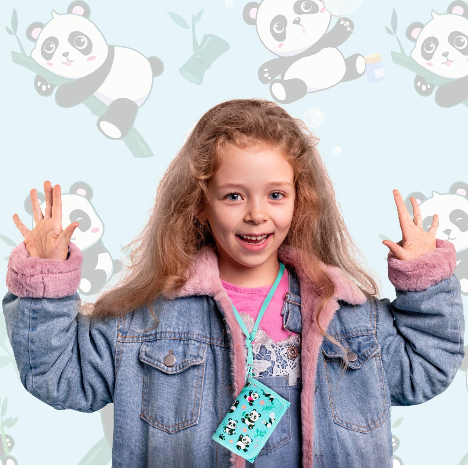 Cute Panda Kids Wallet for Girls Ages 4-10 - Small Toddler Wallet with Adjustable Lanyard (Green Teal) - Perfect for School, Travel & Birthday Gifts
