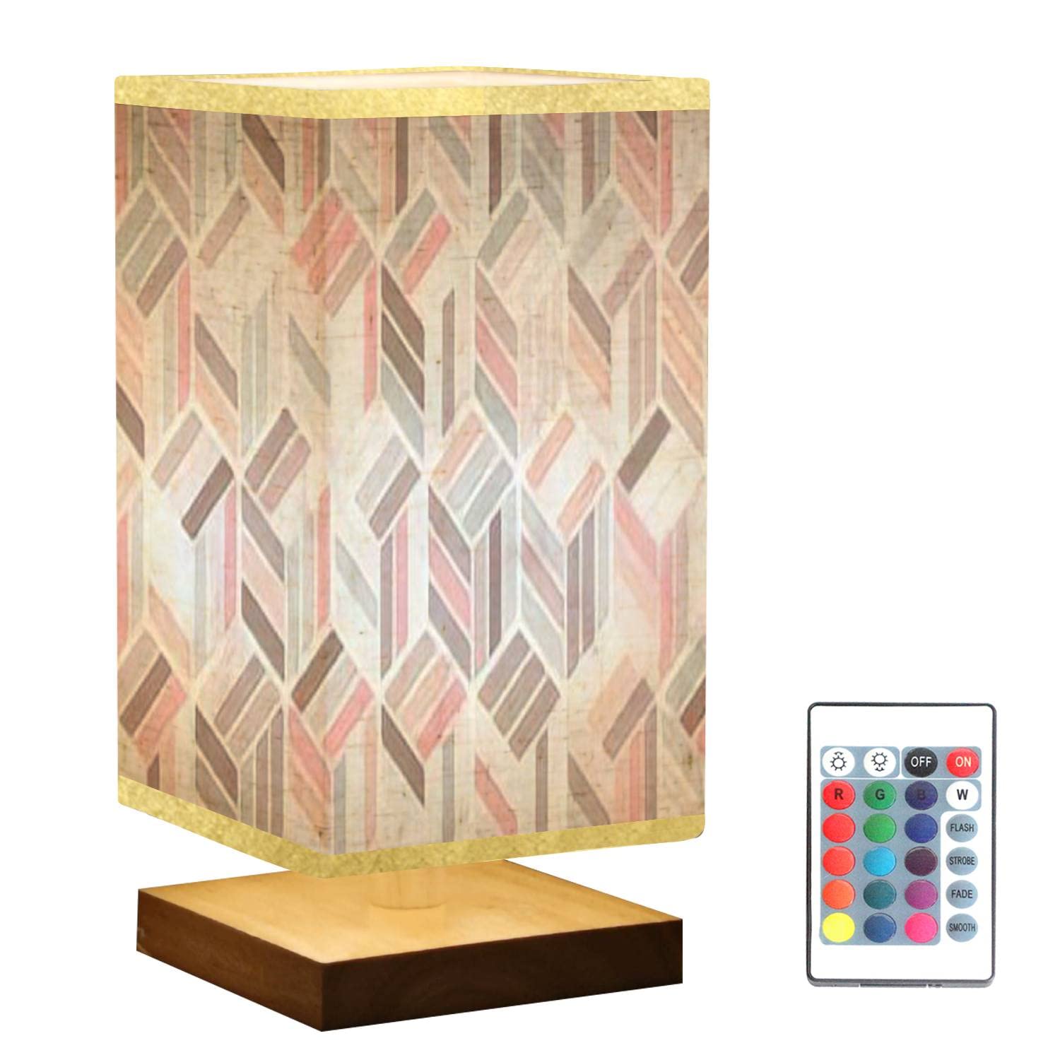 Modern Geometric Nightstand Lamp with Striped Polygonal Shade & Marble Wood Base - Dimmable Pastel Bedside Table Light for Bedroom, Living Room, Office - Perfect for Reading, Relaxing & Ambient Lighting