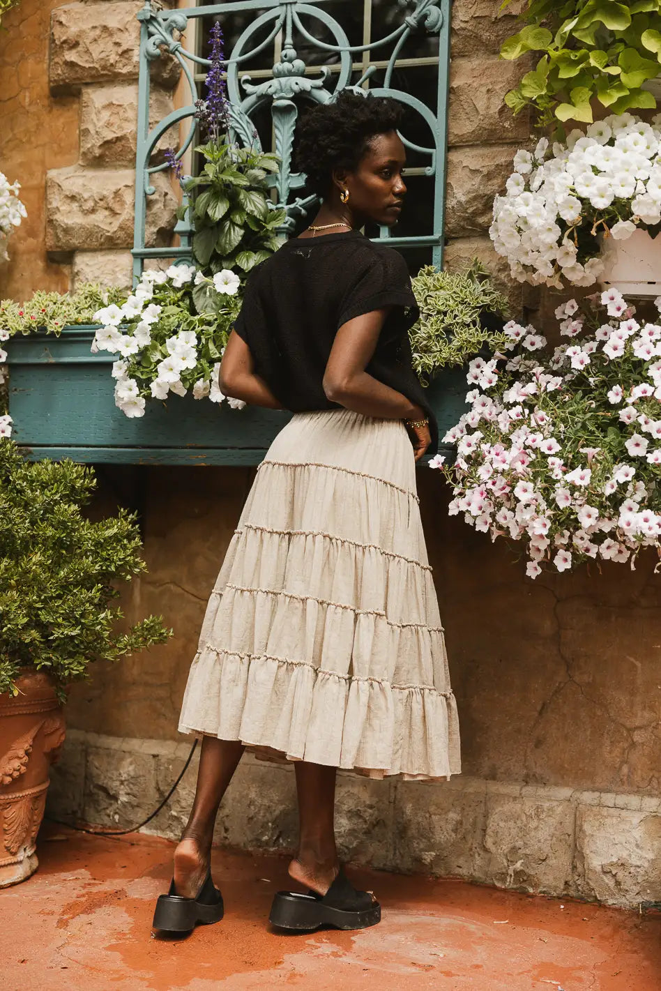 Minerva Tiered Midi Skirt in Taupe - Women's Flowy A-Line Skirt for Casual & Office Wear | Perfect for Spring & Summer Outfits