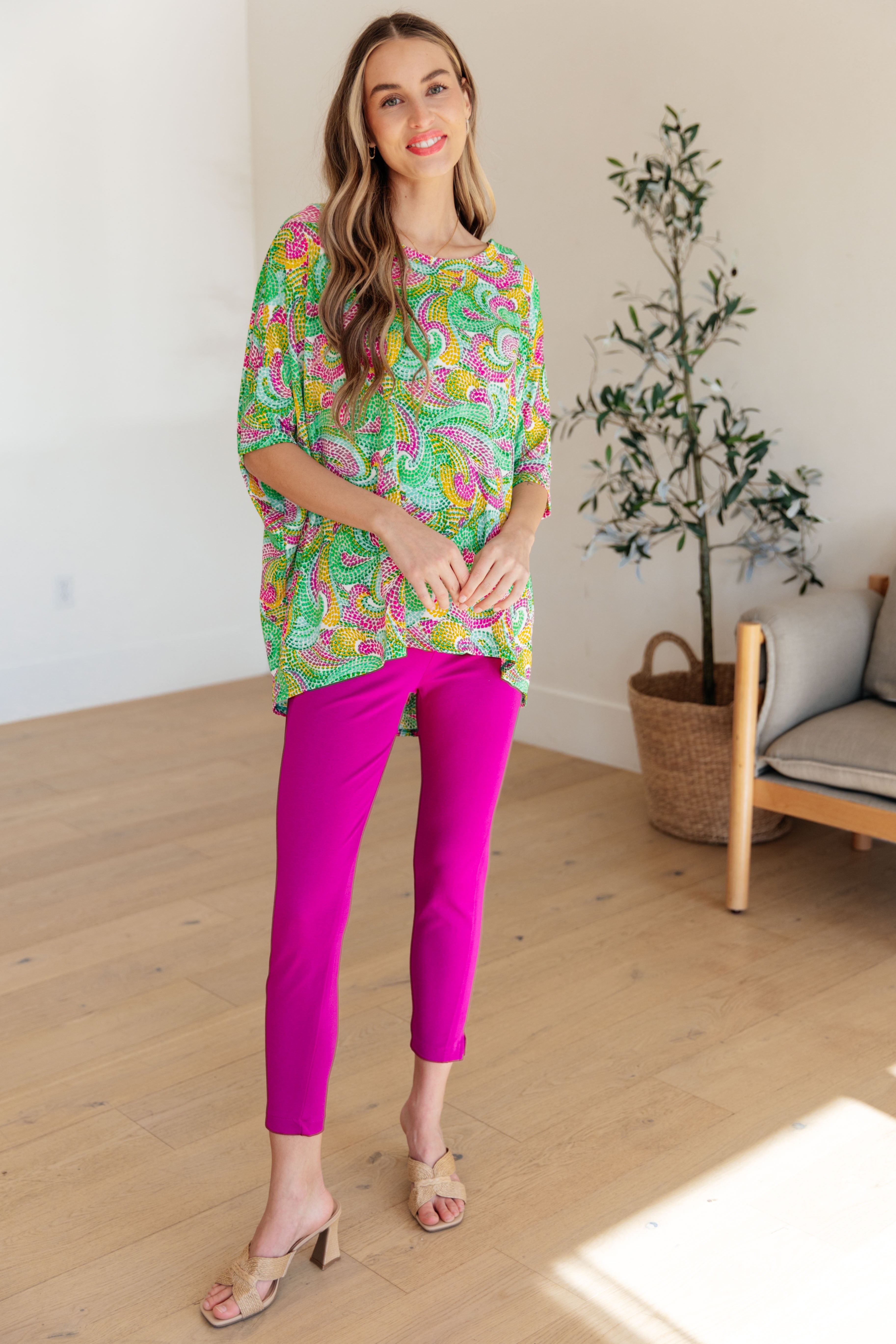 Dear Scarlett Women's Painted Green and Pink Essential Blouse - Elegant Casual Top for Work, Date Night & Spring Outfits