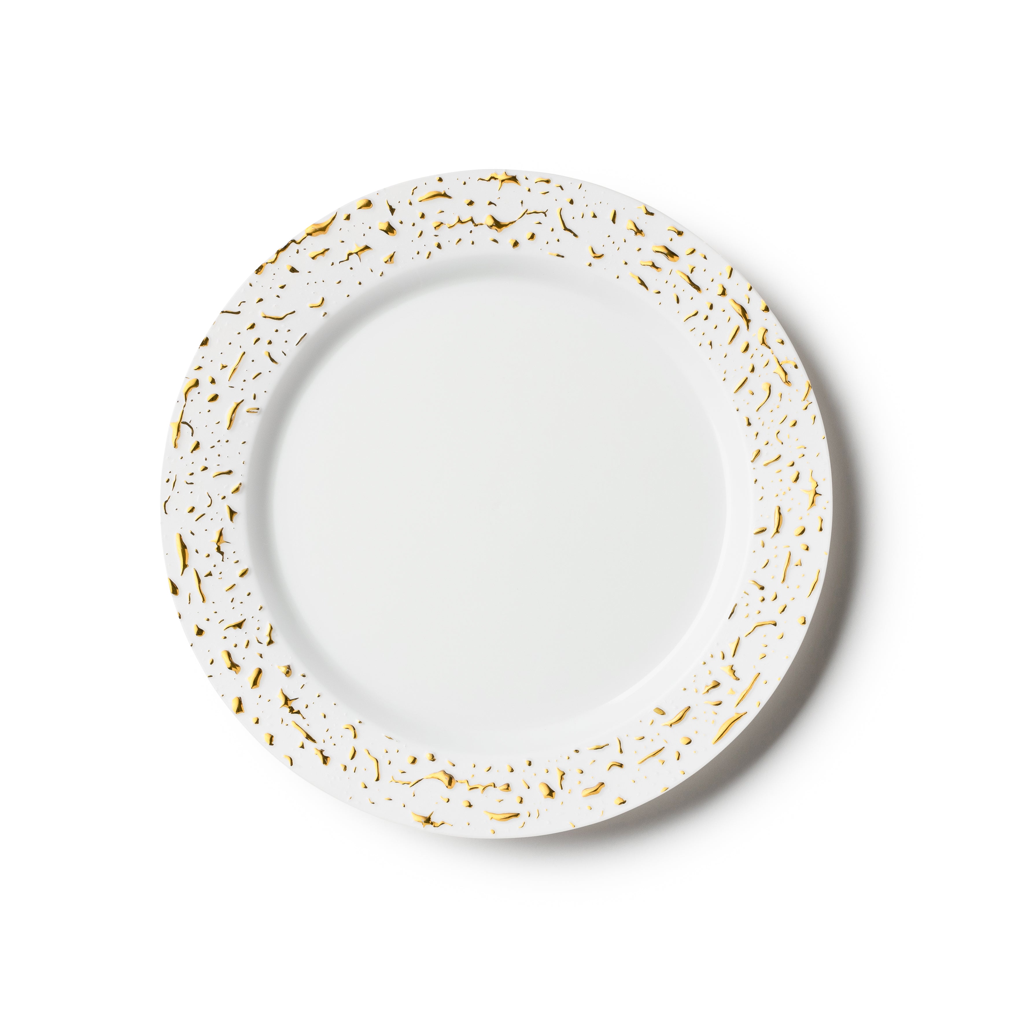 32-Pack White and Gold Round Plastic Dinnerware Set for 16 Guests - Elegant Pebbled Design - Perfect for Weddings, Parties, and Outdoor Events