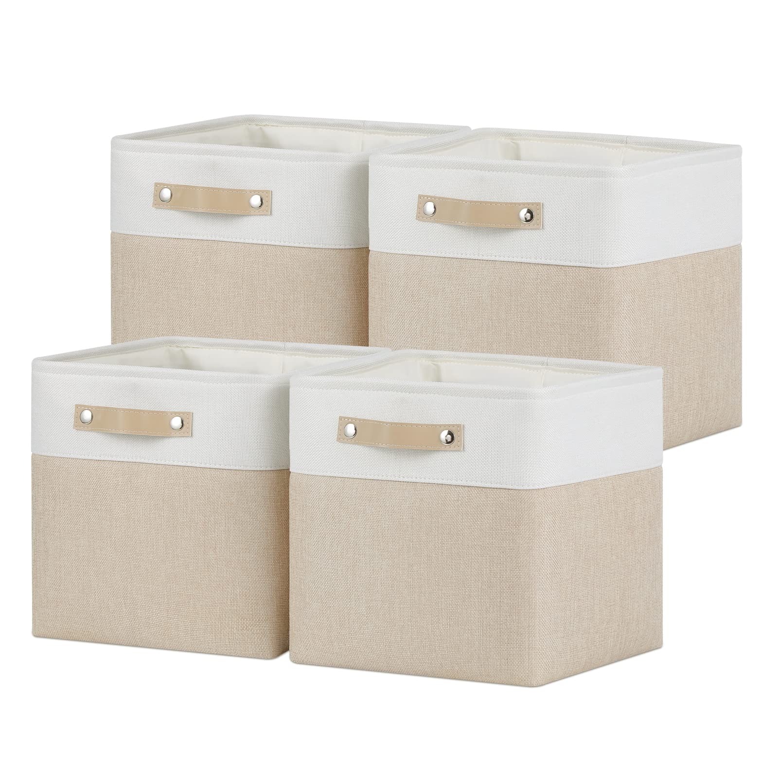 EvanColin 11 Inch Foldable Fabric Storage Cube Bins with Leather Handles - 4 Pack (White & Khaki) for Closet, Nursery, Office & Shelf Organizing - Perfect for Home, Dorm & Kids Room Storage Solutions