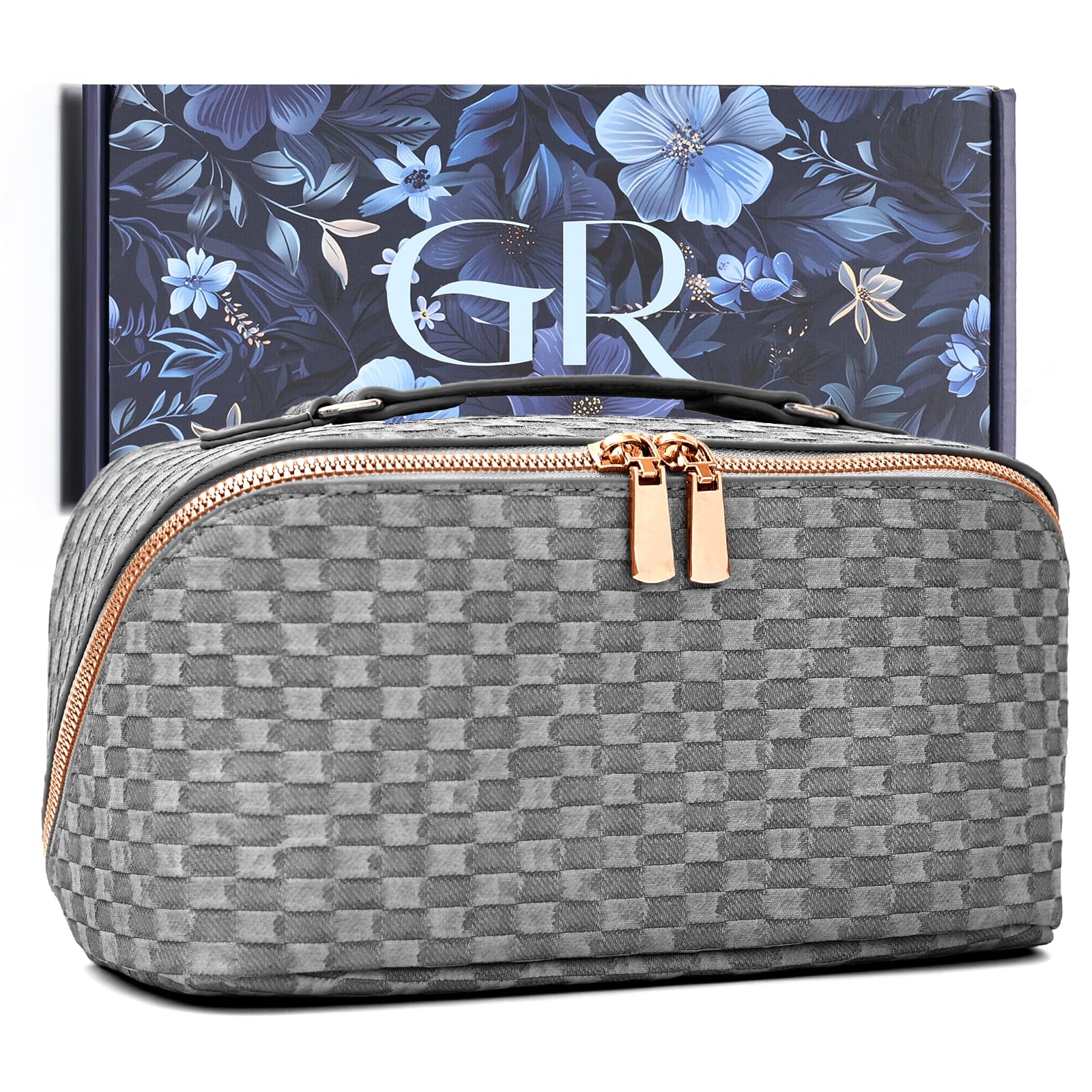 Large Checkered Makeup Organizer Bag for Women - Travel Cosmetic & Toiletry Bag with Multiple Compartments - Stylish PU Leather Jean Pattern - Perfect Gift for Her, Great for Vacations, Business Trips & Daily Use