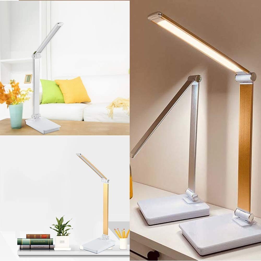 LED Eye-Caring Desk Lamp with USB Port & Stepless Dimming - Adjustable Silver Stainless Steel Bracket - Touch Control Table Light for Study, Reading, Office Work and Bedroom Use - Perfect for Night Reading, Home Office Setup and Dorm Room Lighting