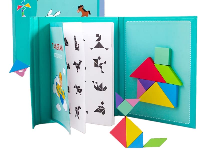 BLiSS HUES™ Magnetic Wooden Tangram Puzzle - STEM Educational Travel Game for Kids with Solution Book | Brain Teaser IQ Toy | Road Trip & Classroom Learning Activity | Pattern Block 3D Puzzle (Multicolor) - Perfect for Family Travel, Preschool Learning & Creative Play