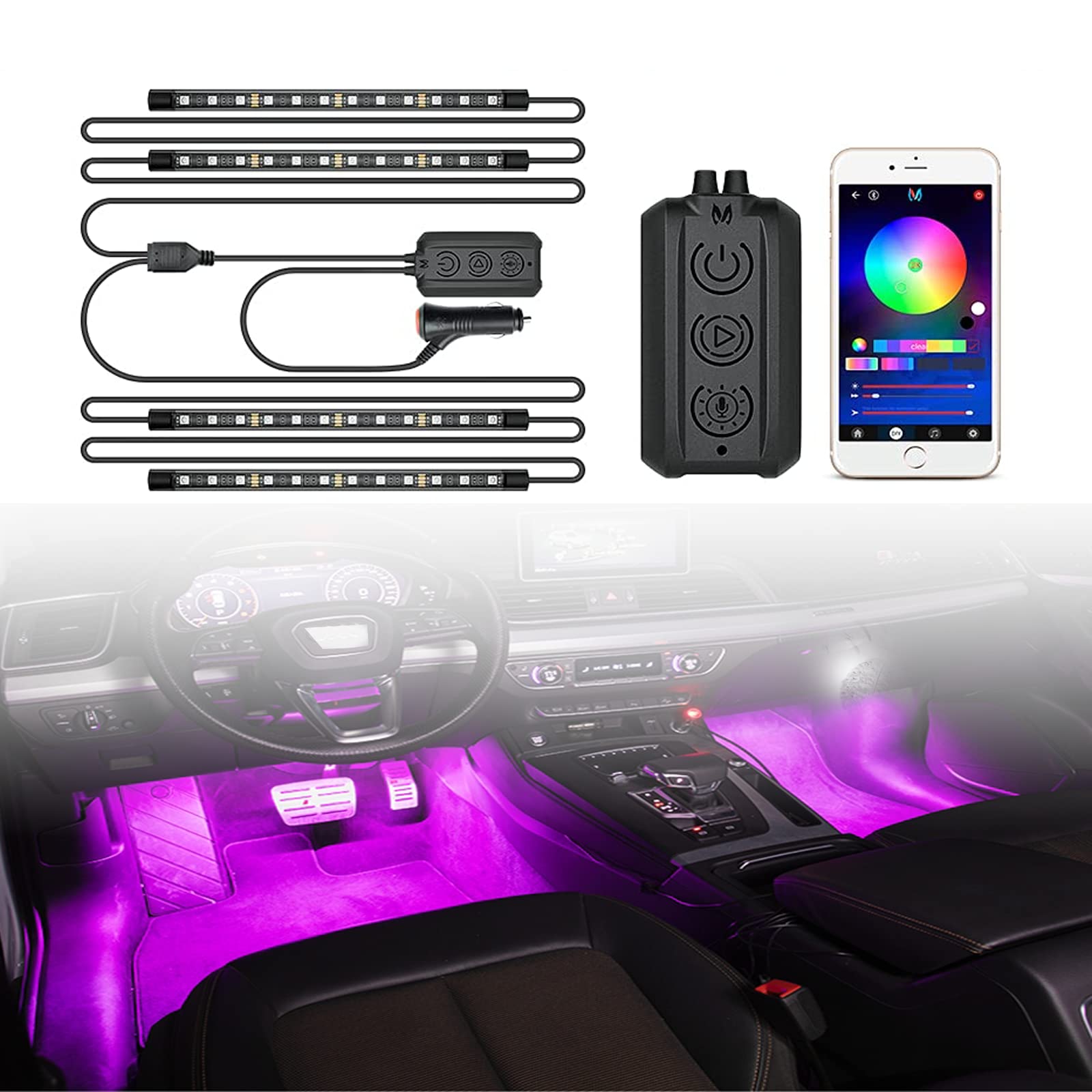 Car LED Interior Lights RGB Strip Kit - APP & Remote Control, Music Sync, 12V DC, Multi-Color Ambient Lighting for Dash & Footwell | Perfect for Night Driving & Car Customization