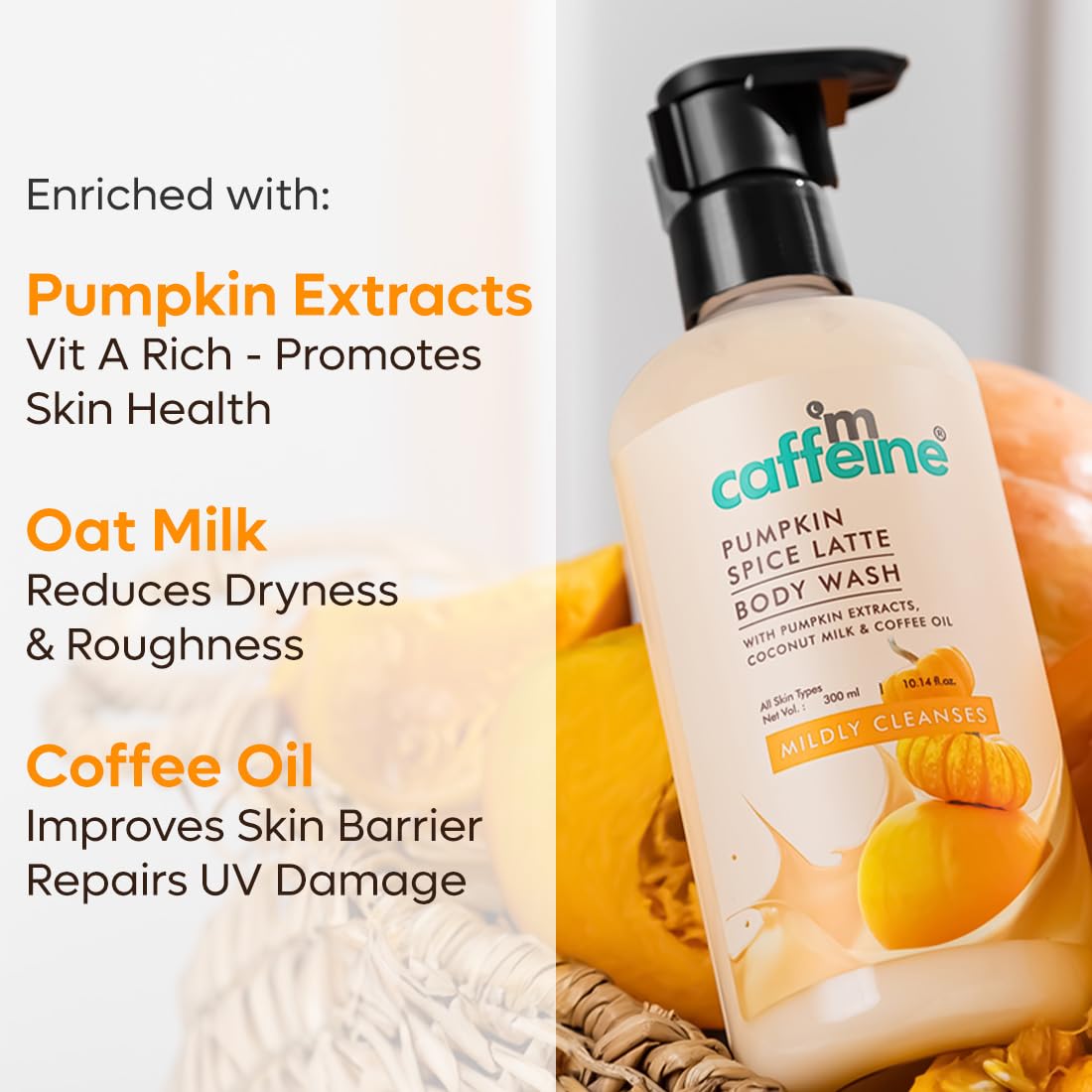 mCaffeine Body Wash Trio - Coconut Cream, Pumpkin Spice Latte & Blueberry Blast Shower Gel Set (300ml Each) for Soft, Aromatic Skin | Natural Skin Care for Women & Men | Perfect for Daily Shower, Spa Day & Gift Giving
